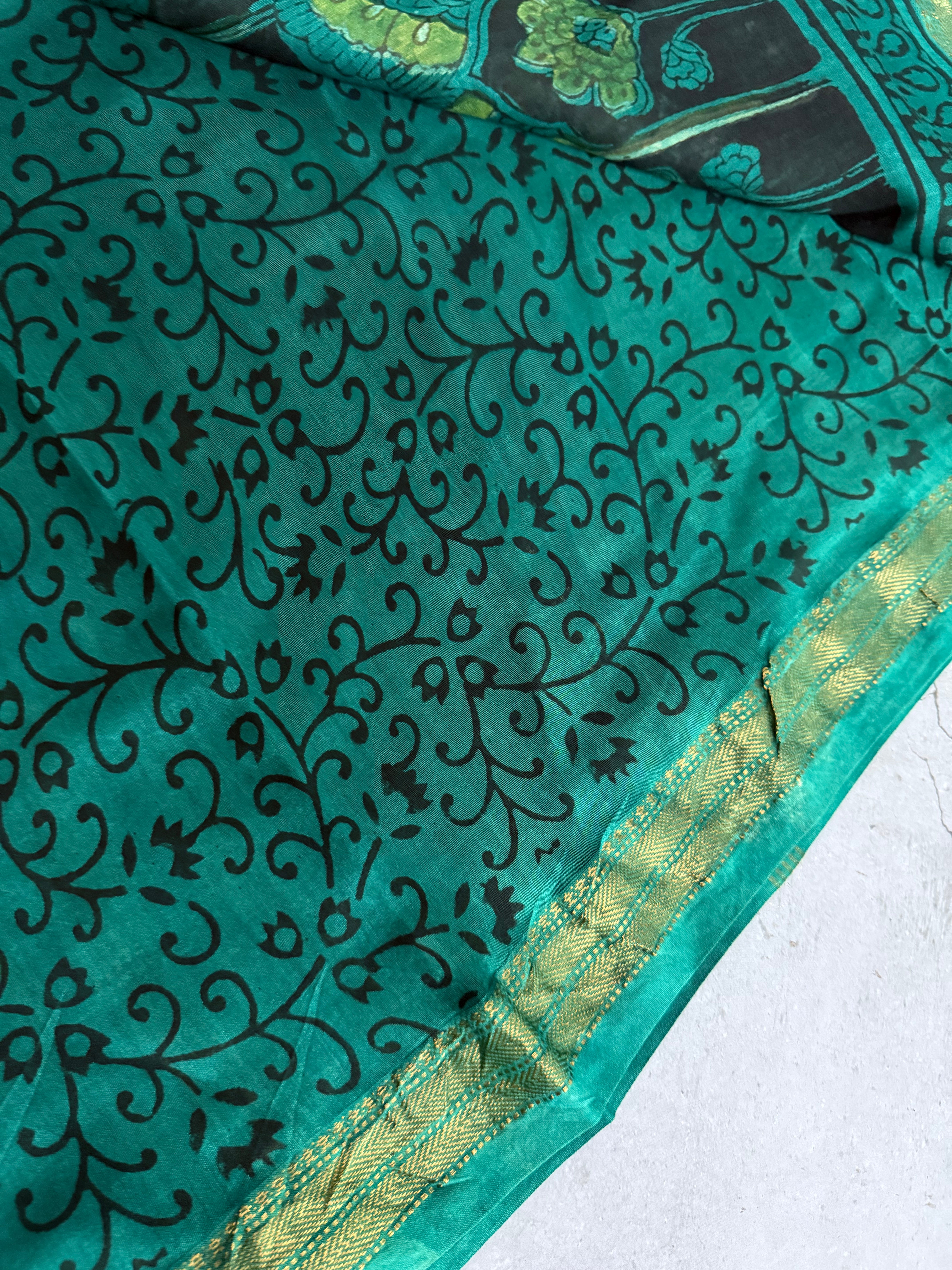 Rajnigandha | Green and Black Block Printed Maheshwari Saree