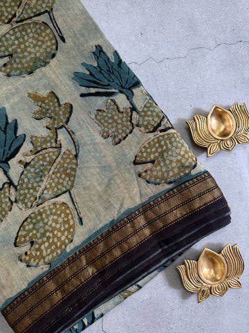 Ranjitha | Blue and Grey Block Printed Maheshwari Saree