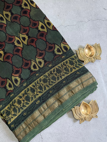 Vanamala | Olive and Brown Block Printed Maheshwari Saree