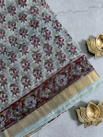 Amrapali | Pastel Green with Red Block Printed Kota Saree