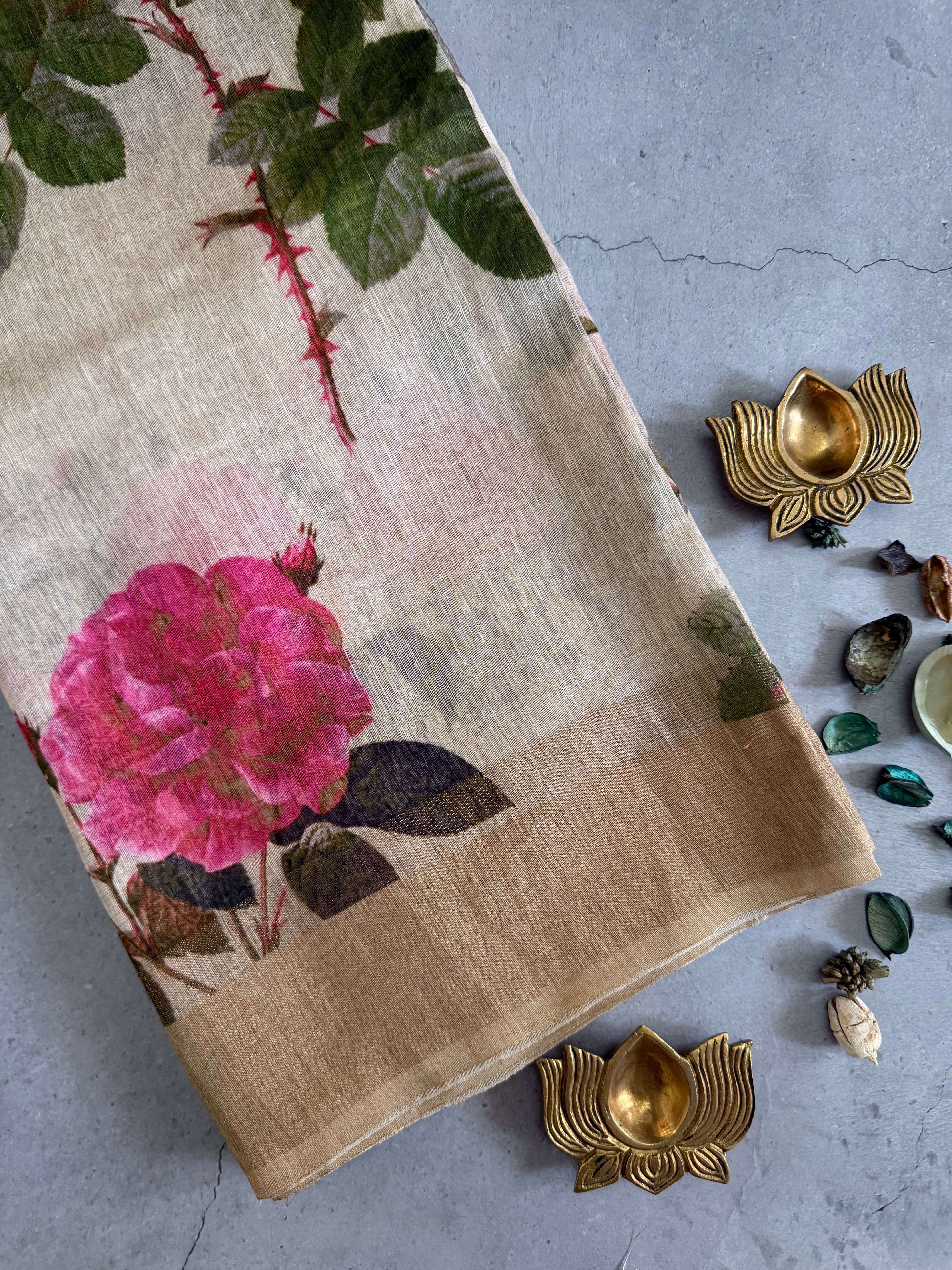 Mridula | Beige and Pink Floral Printed Linen Silk Saree