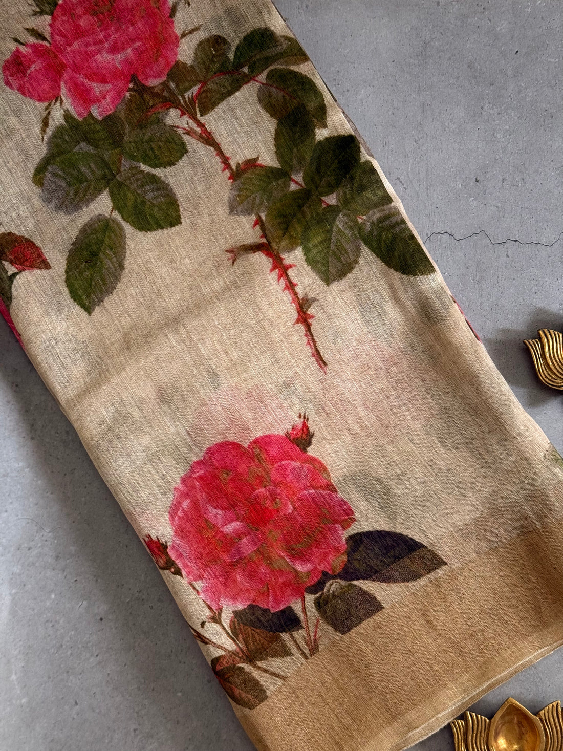 Mridula | Beige and Pink Floral Printed Linen Silk Saree
