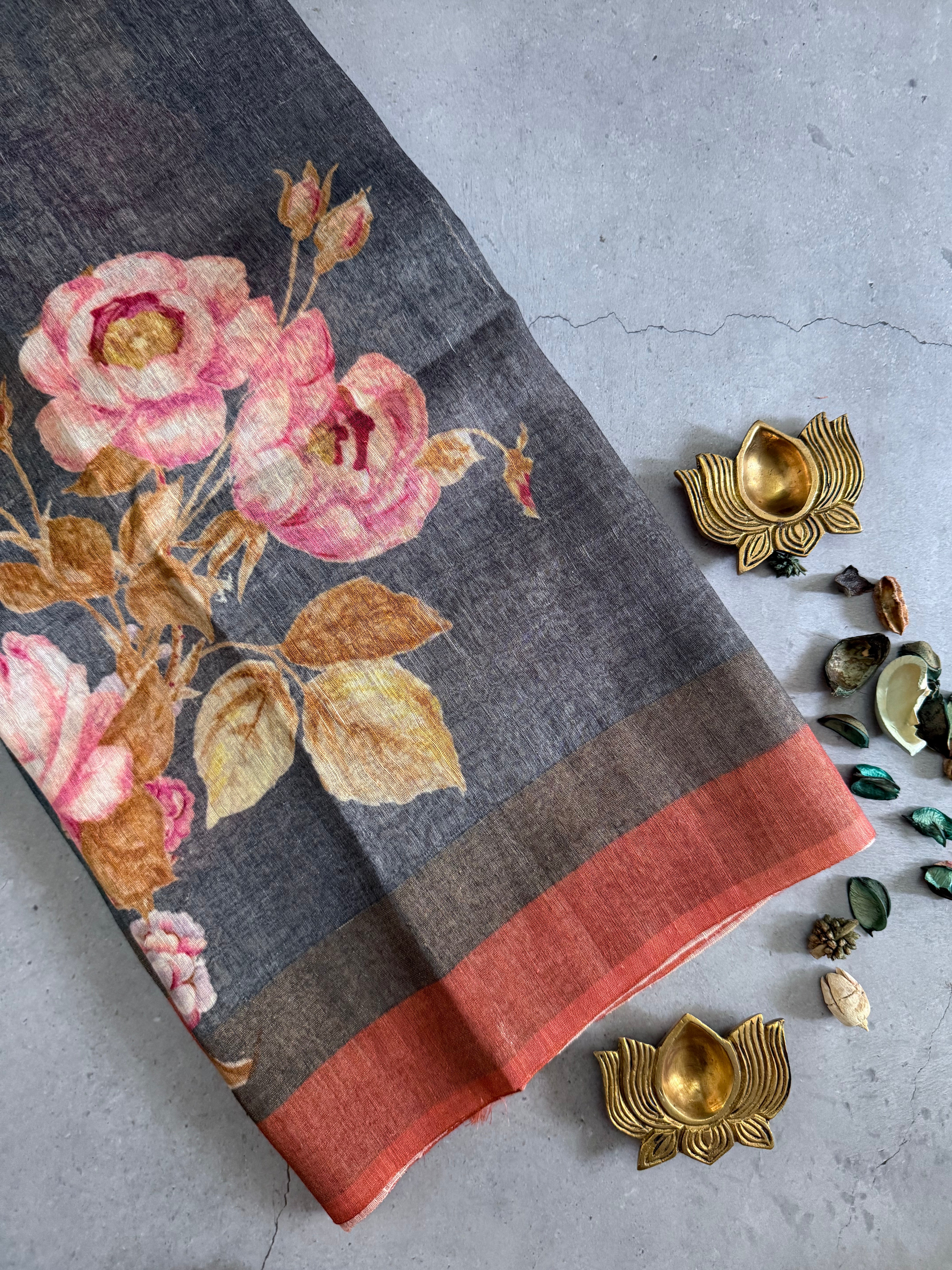 Manjari | Grey and Orange Floral Printed Linen Silk Saree