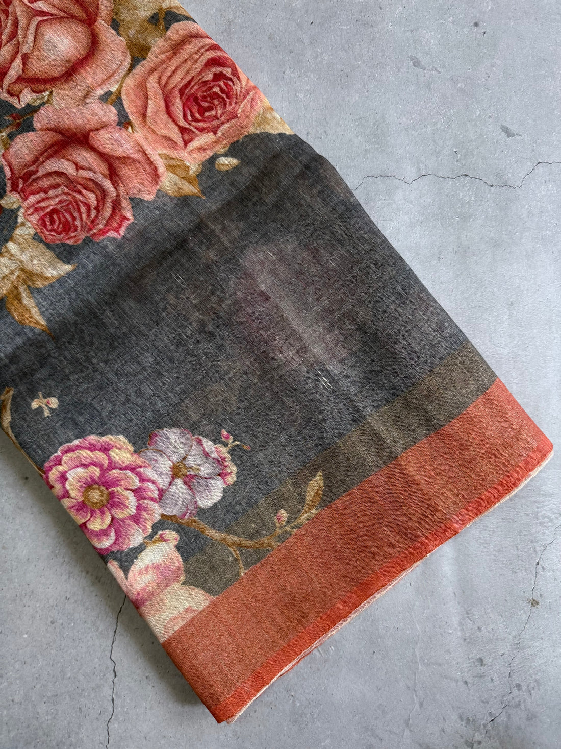 Manjari | Grey and Orange Floral Printed Linen Silk Saree