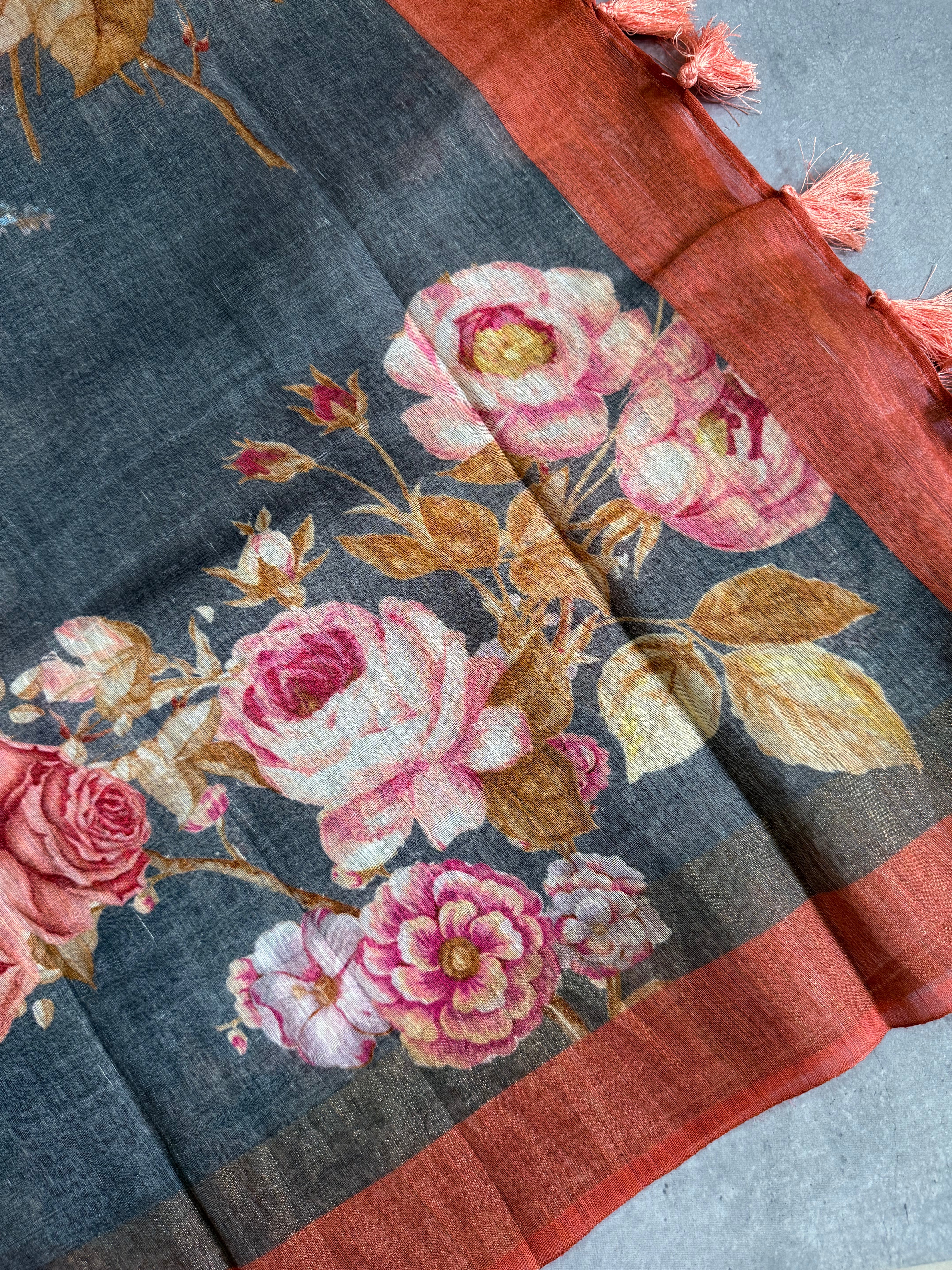 Manjari | Grey and Orange Floral Printed Linen Silk Saree