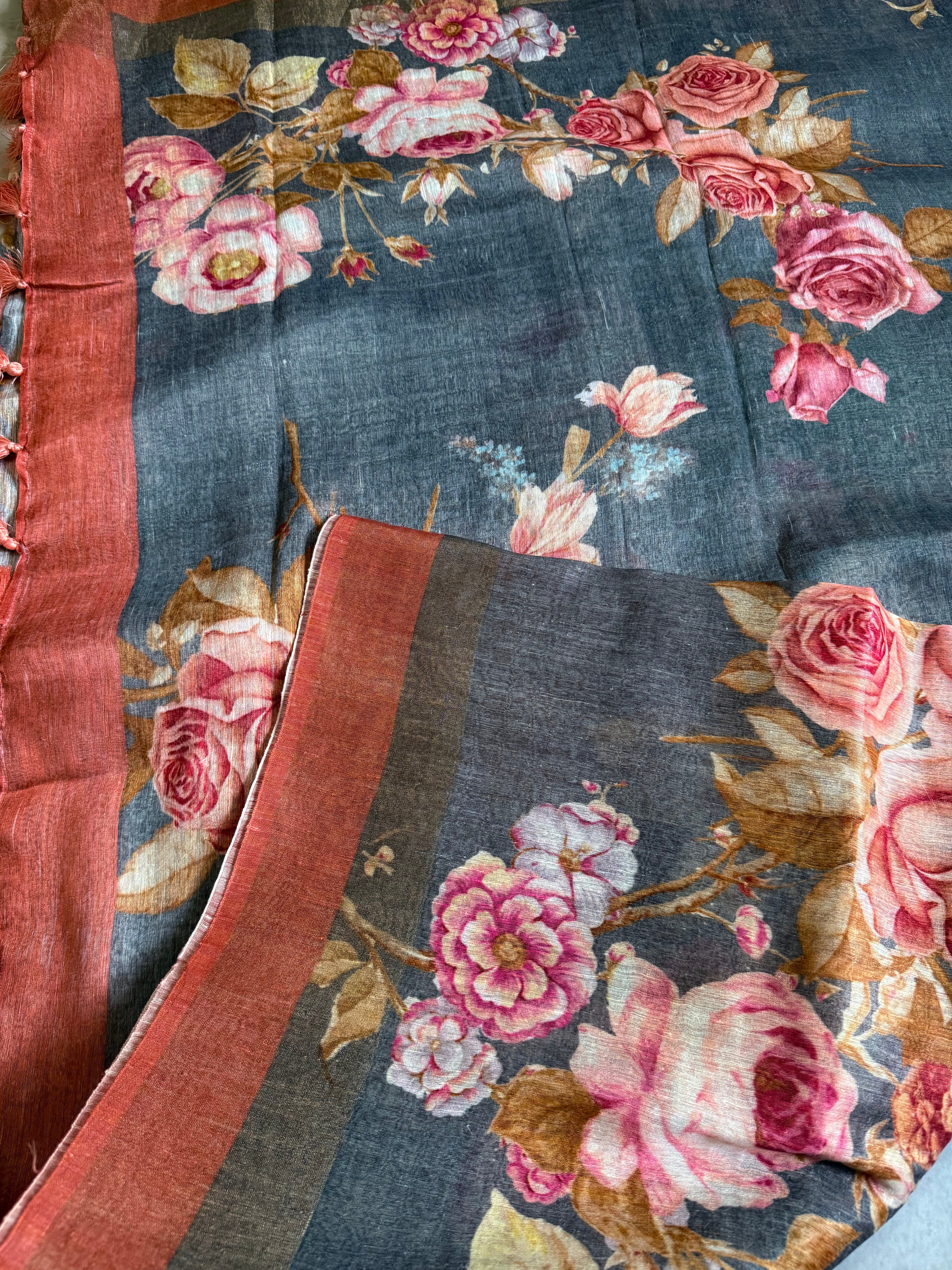 Manjari | Grey and Orange Floral Printed Linen Silk Saree