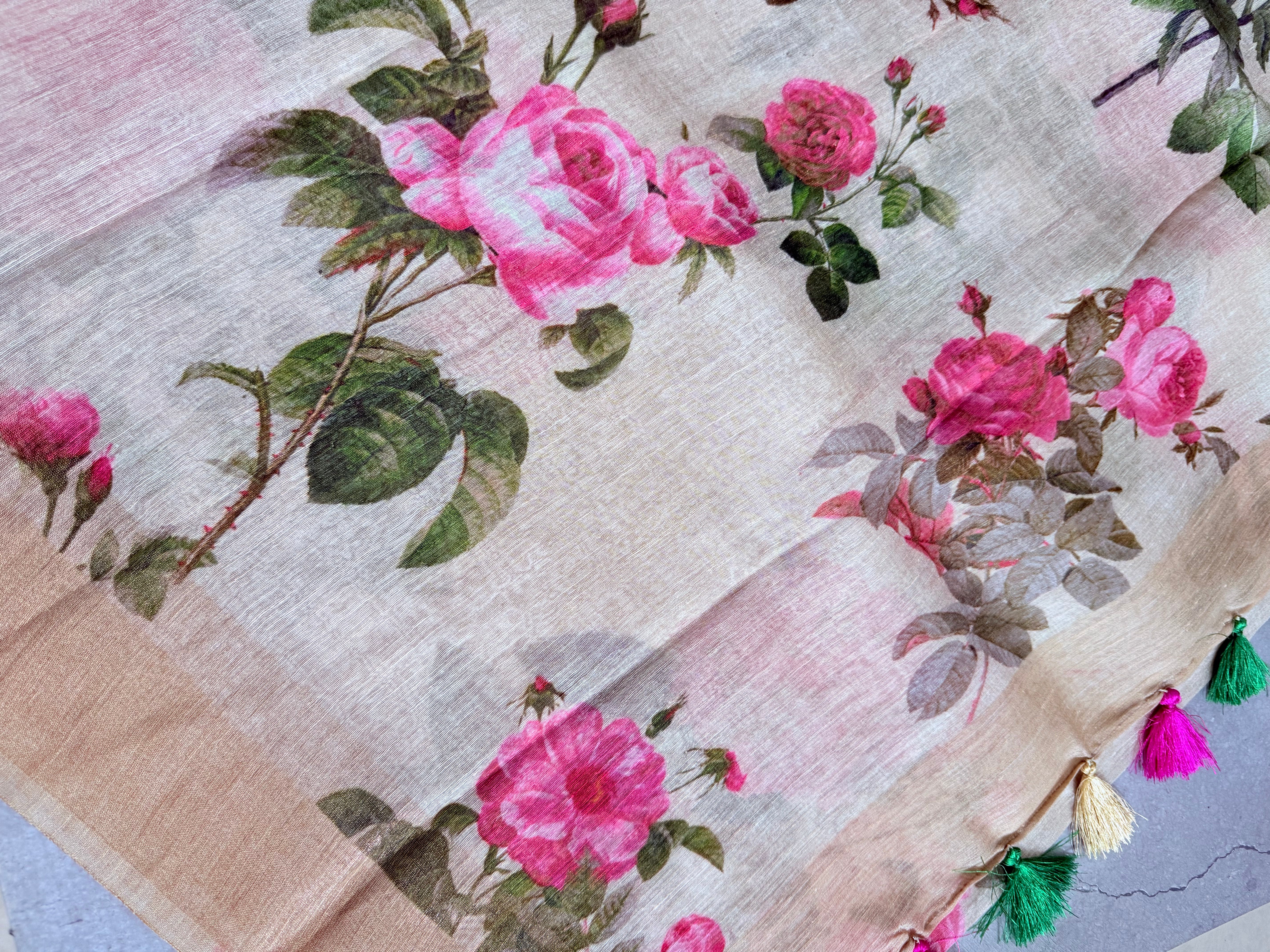 Mridula | Beige and Pink Floral Printed Linen Silk Saree