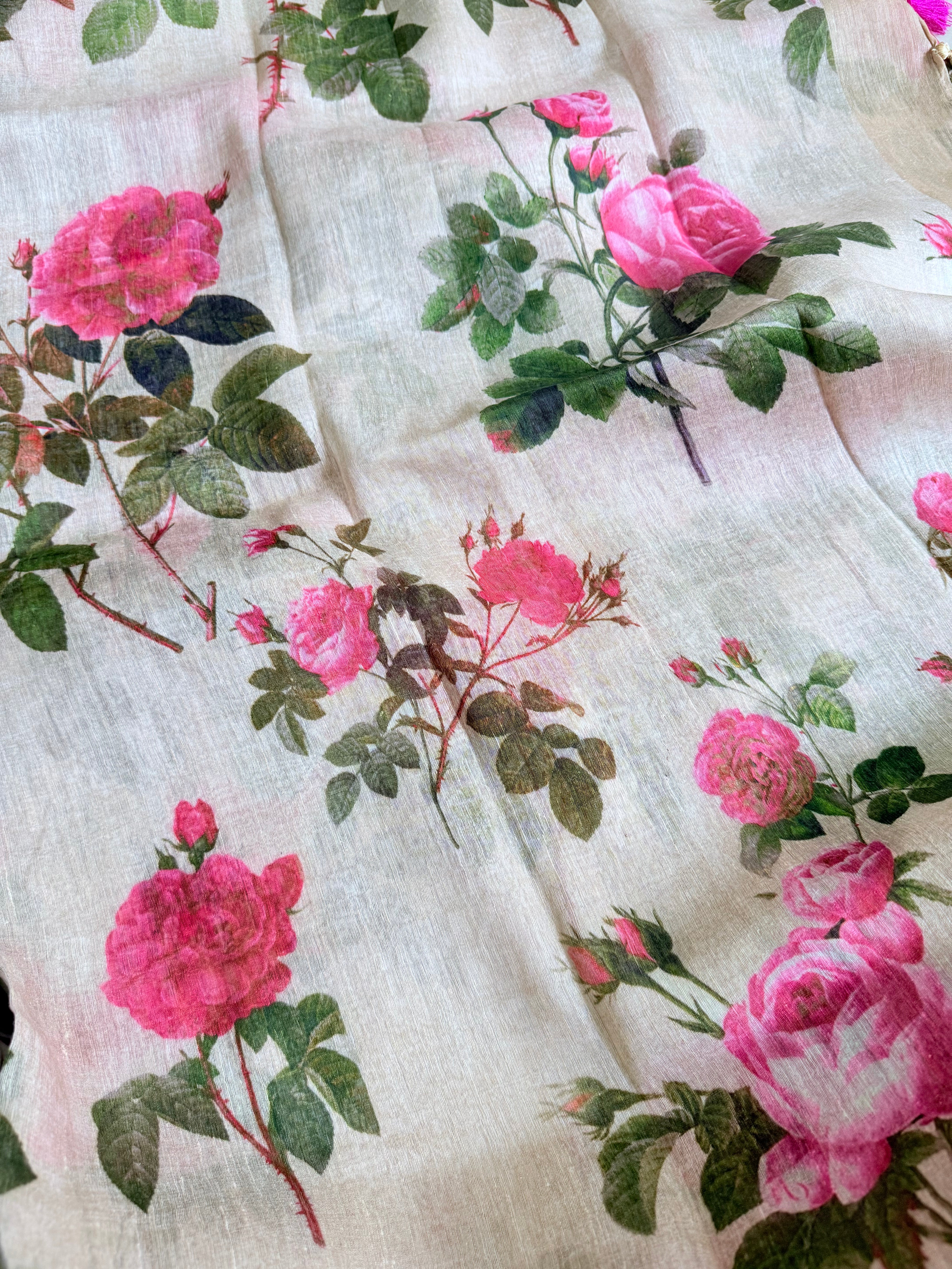 Mridula | Beige and Pink Floral Printed Linen Silk Saree