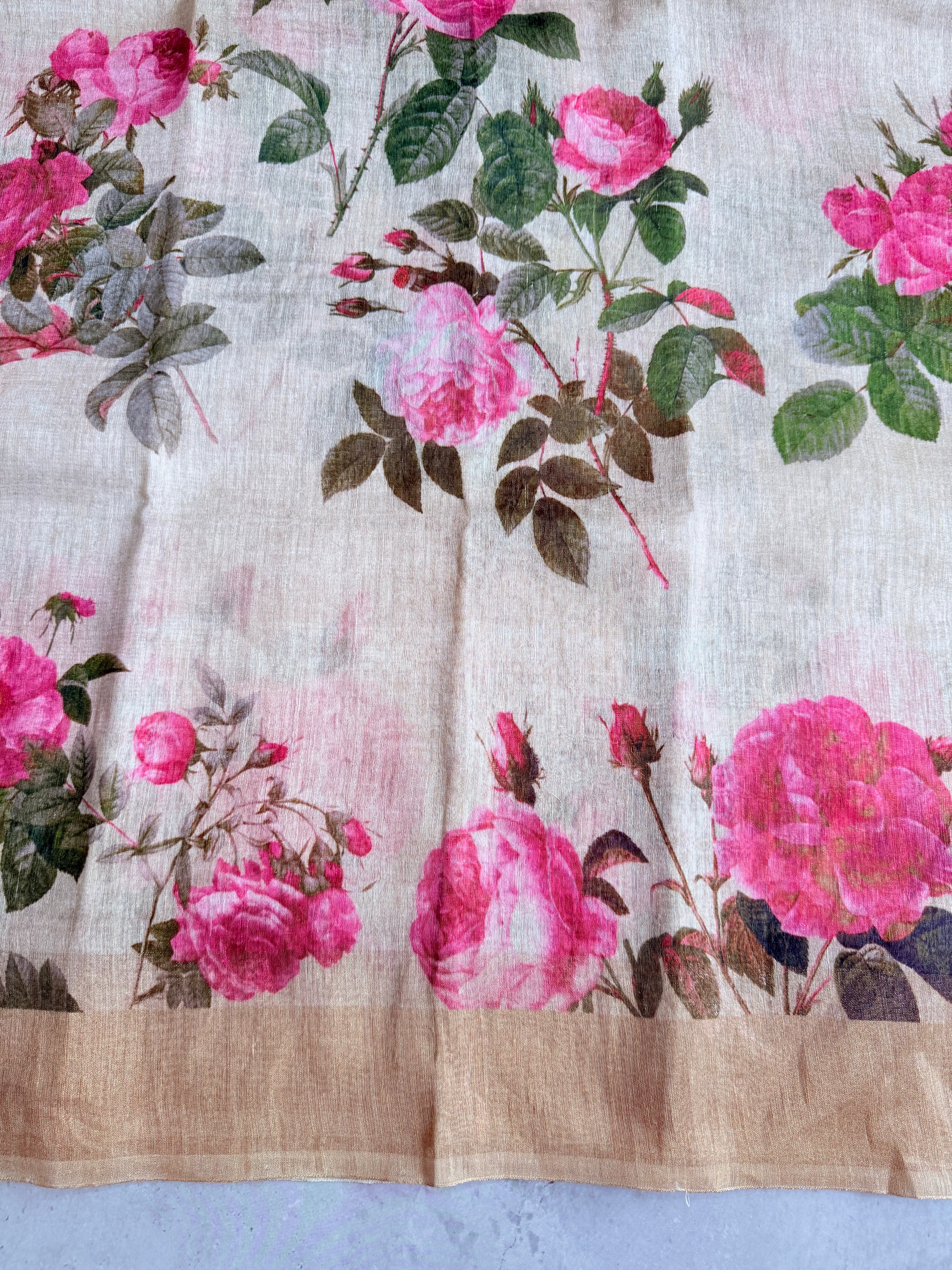 Mridula | Beige and Pink Floral Printed Linen Silk Saree