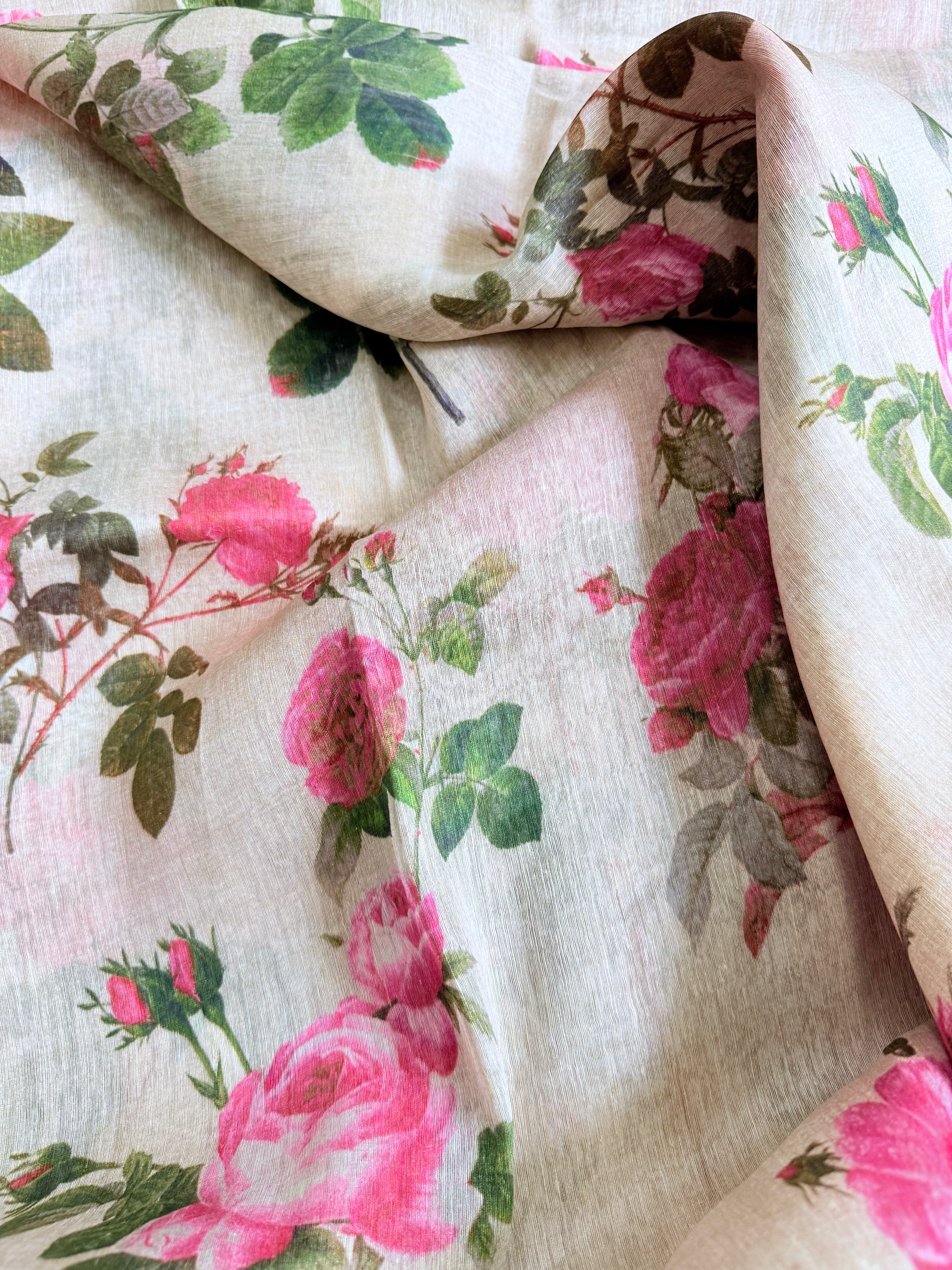 Mridula | Beige and Pink Floral Printed Linen Silk Saree