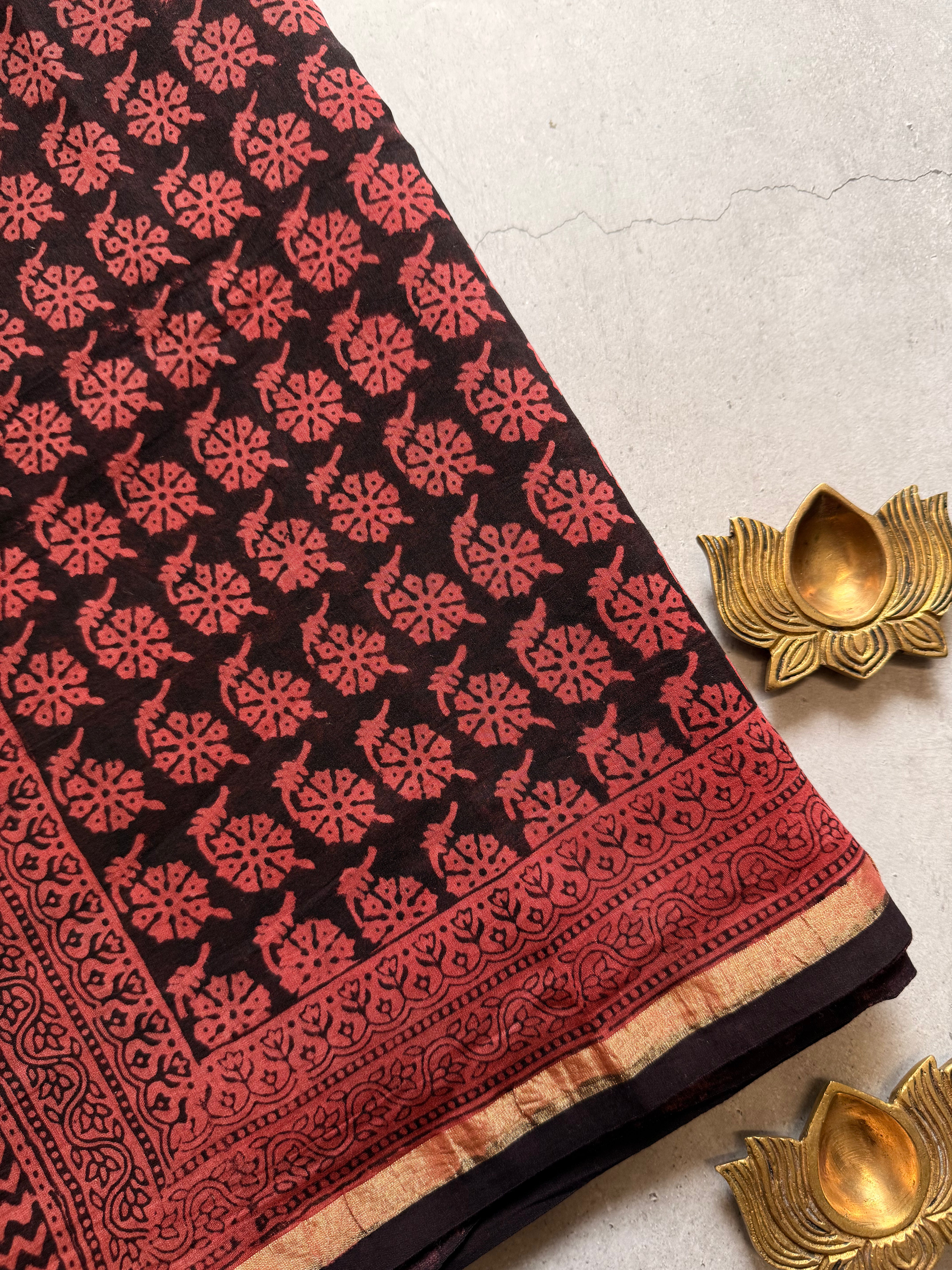 Vaanaja | Brick Red and Black Bhag Printed Chanderi Saree