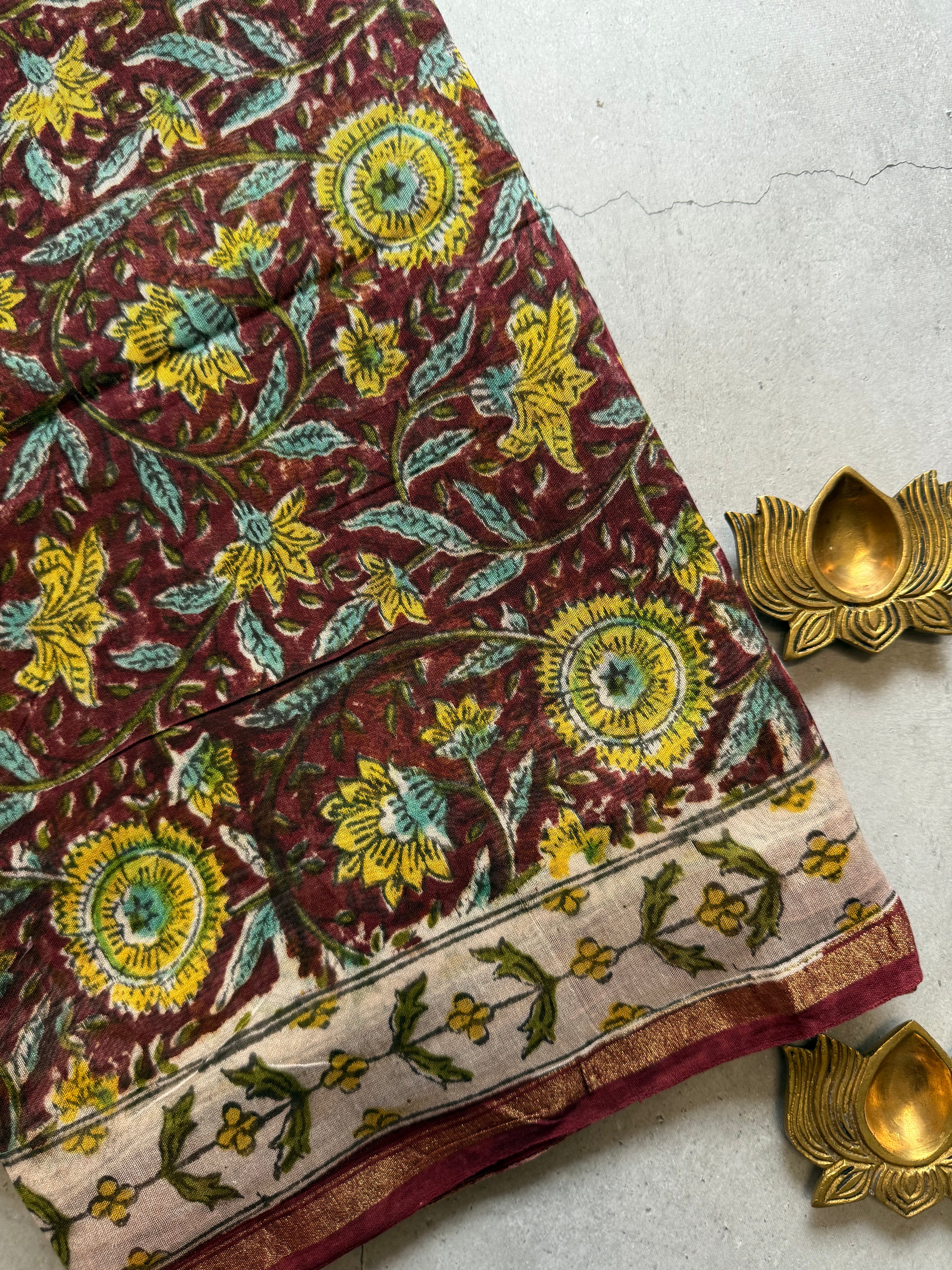 Kanagam | Maroon Floral Block Printed Chanderi Saree