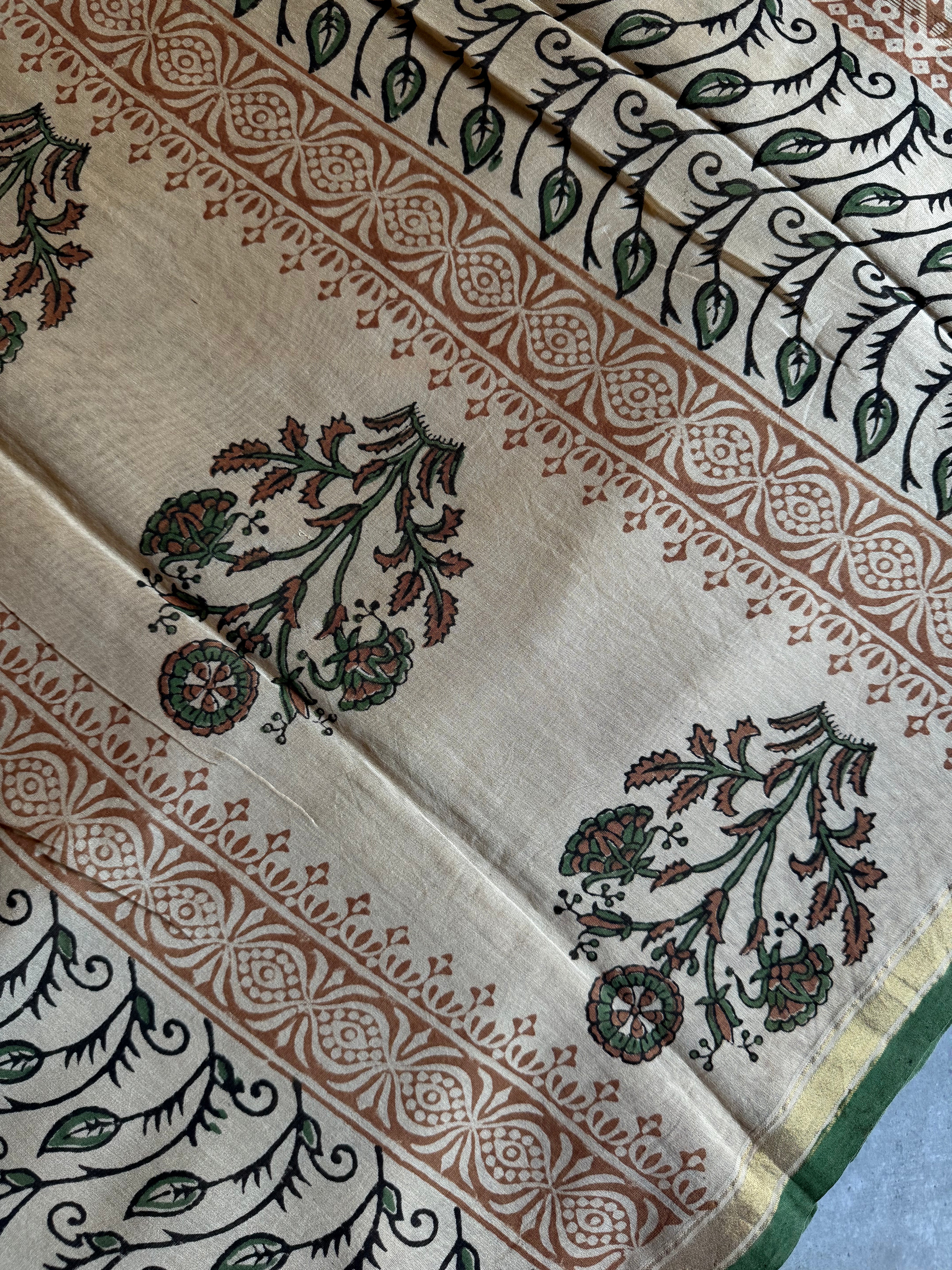 Rajinipriya | Beige and Green Block Printed Chanderi Saree