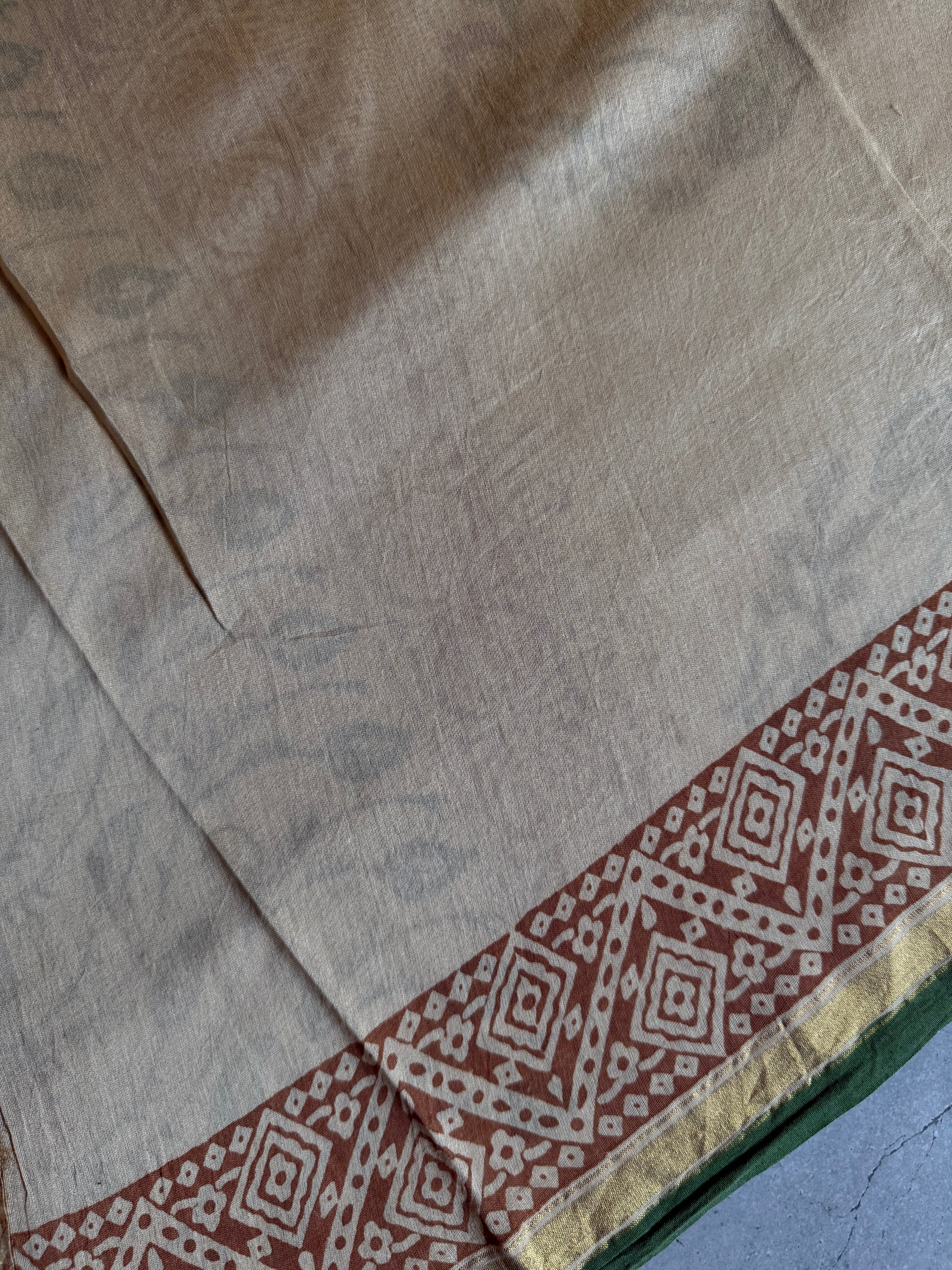 Rajinipriya | Beige and Green Block Printed Chanderi Saree