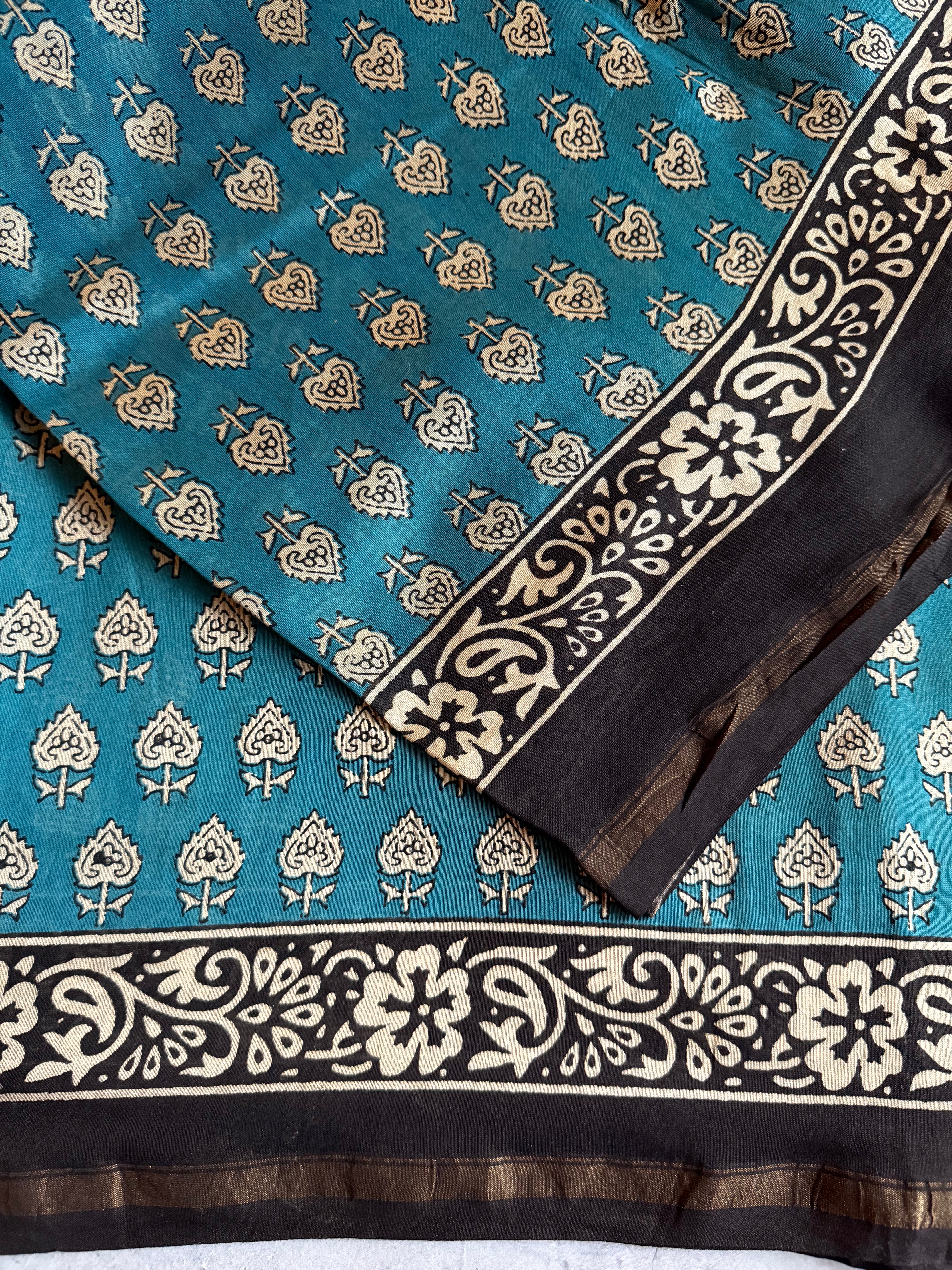 Sugandhika | Blue Block Printed Chanderi Saree