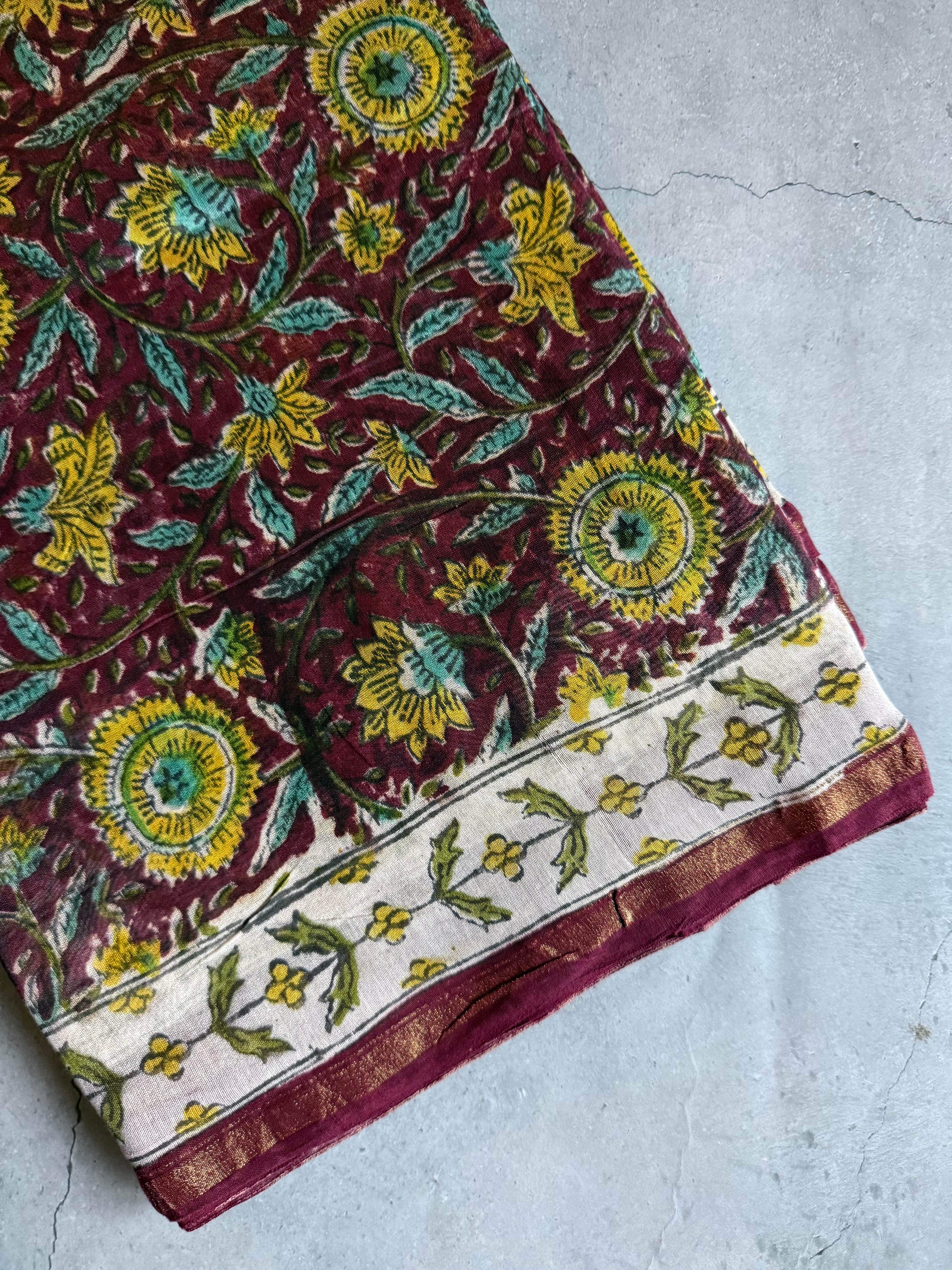 Kanagam | Maroon Floral Block Printed Chanderi Saree