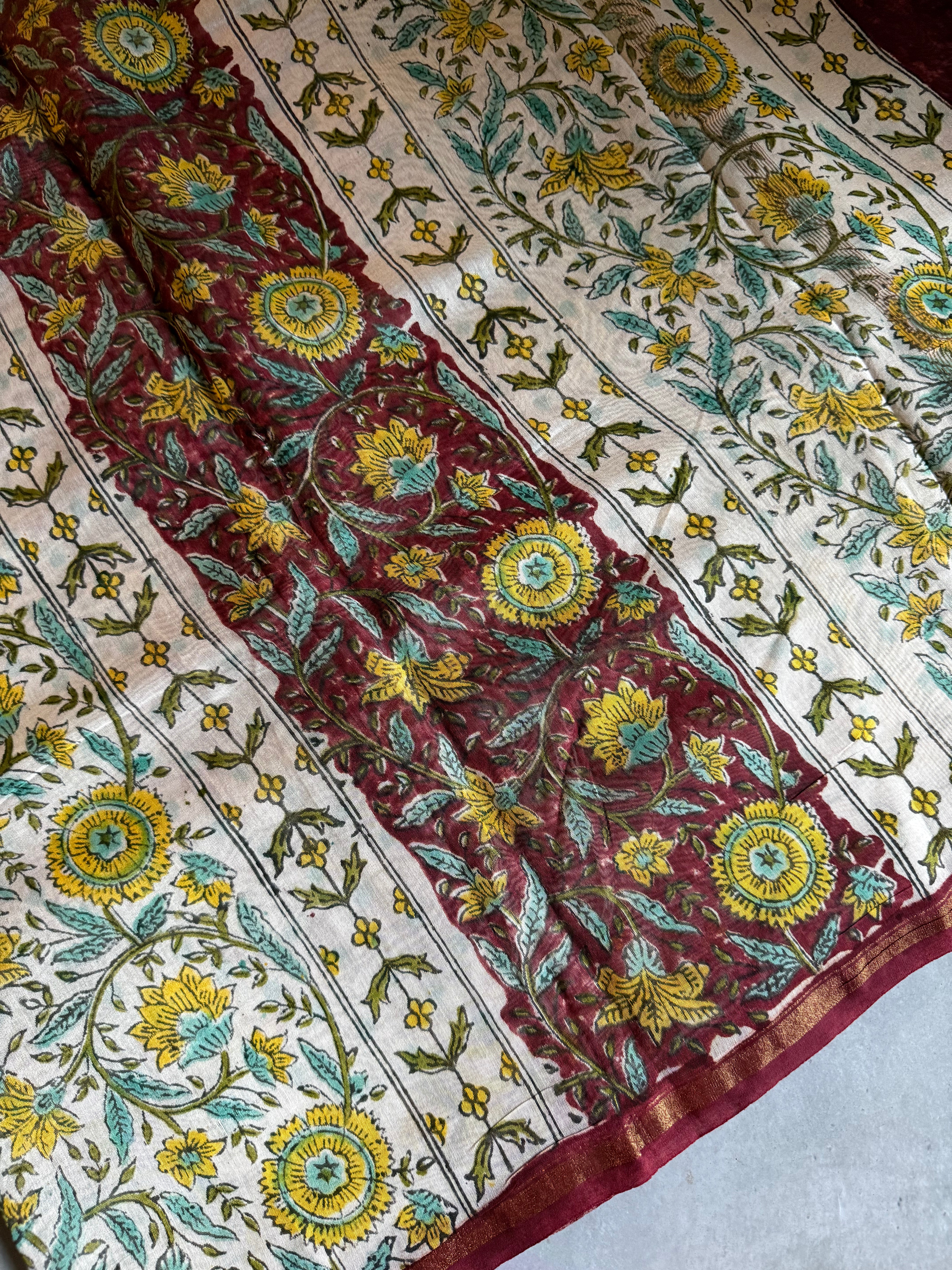 Kanagam | Maroon Floral Block Printed Chanderi Saree