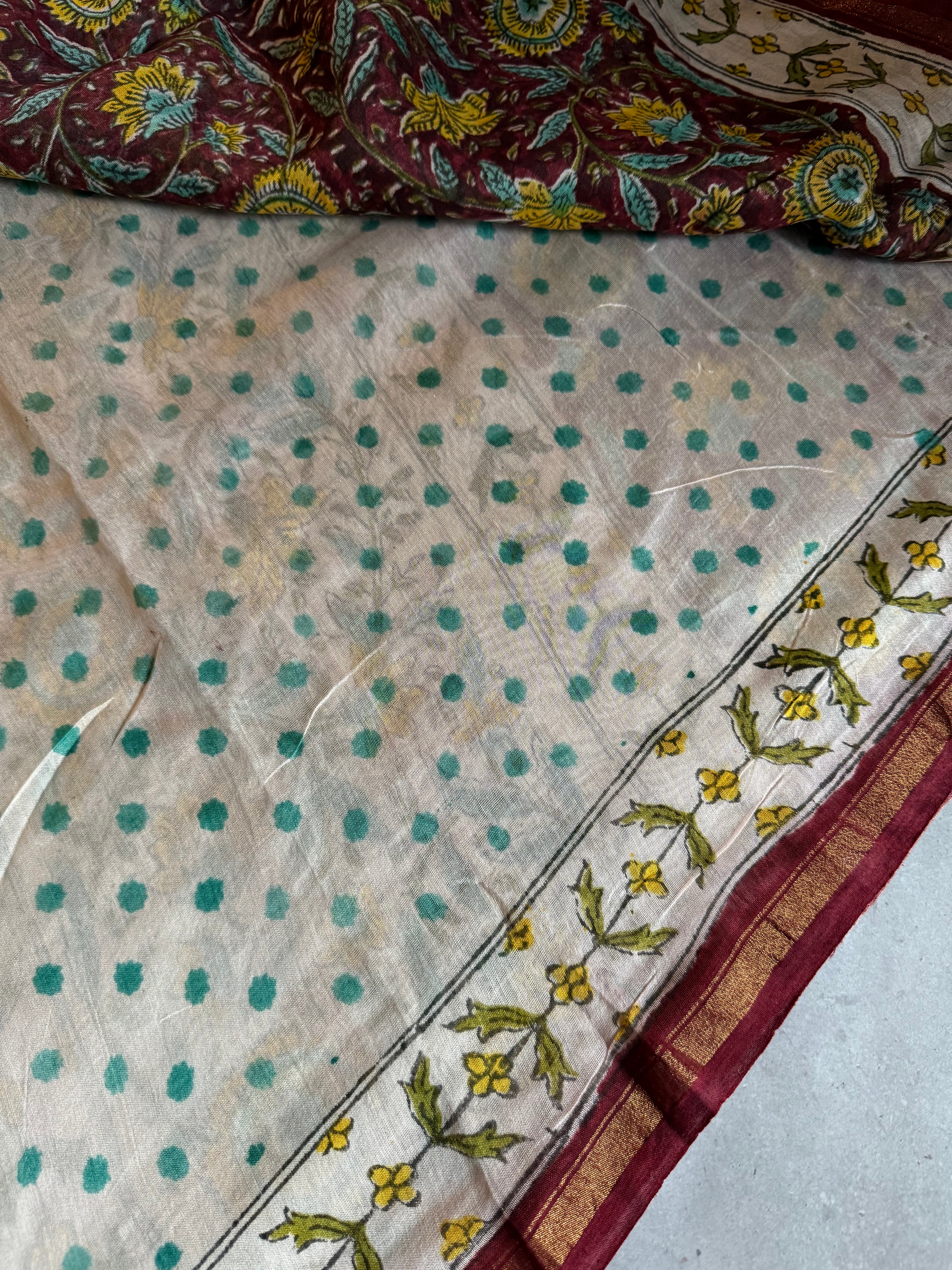 Kanagam | Maroon Floral Block Printed Chanderi Saree