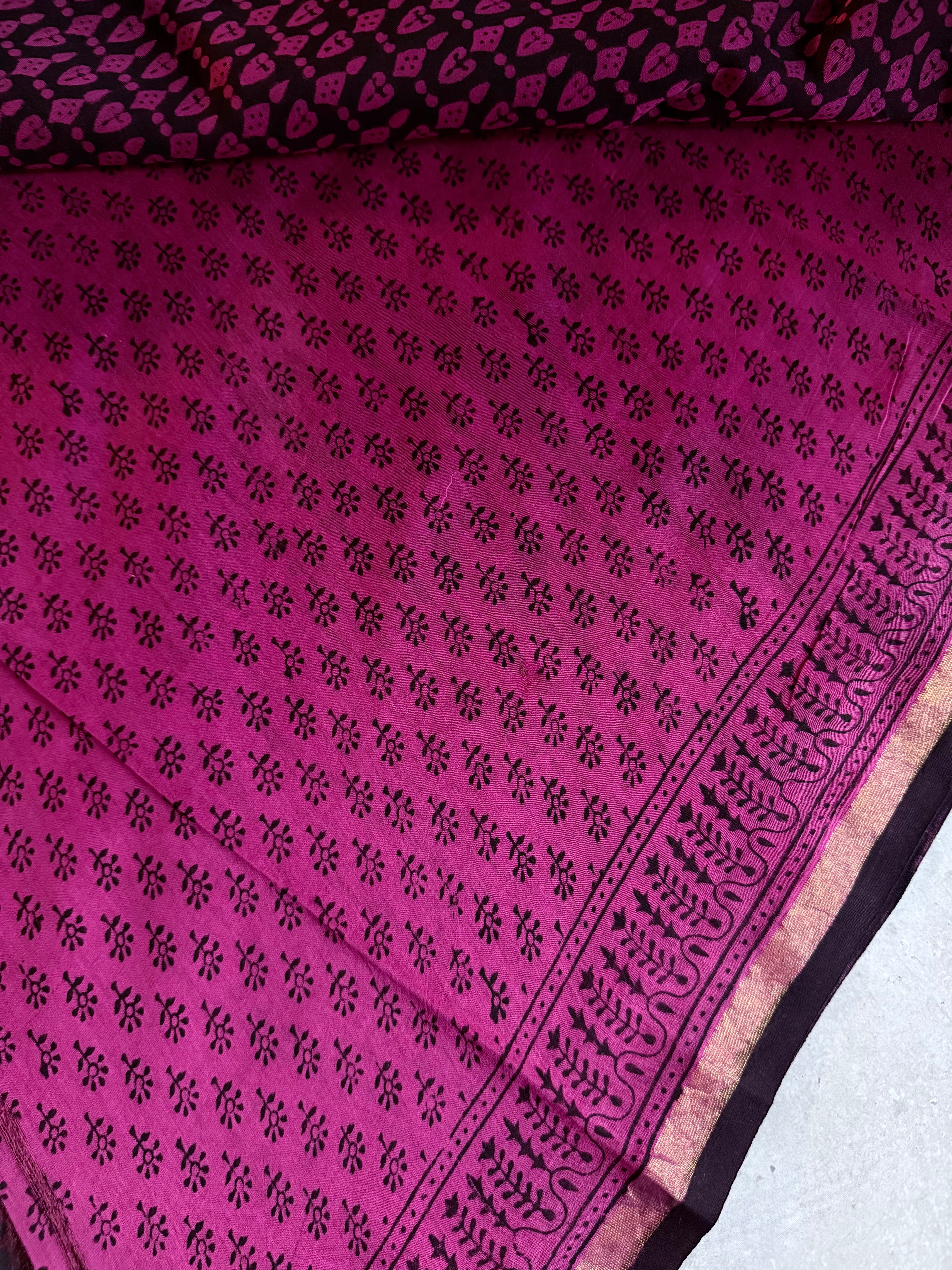 Kumudavalli | Pink and Black Bhag Printed Chanderi Saree