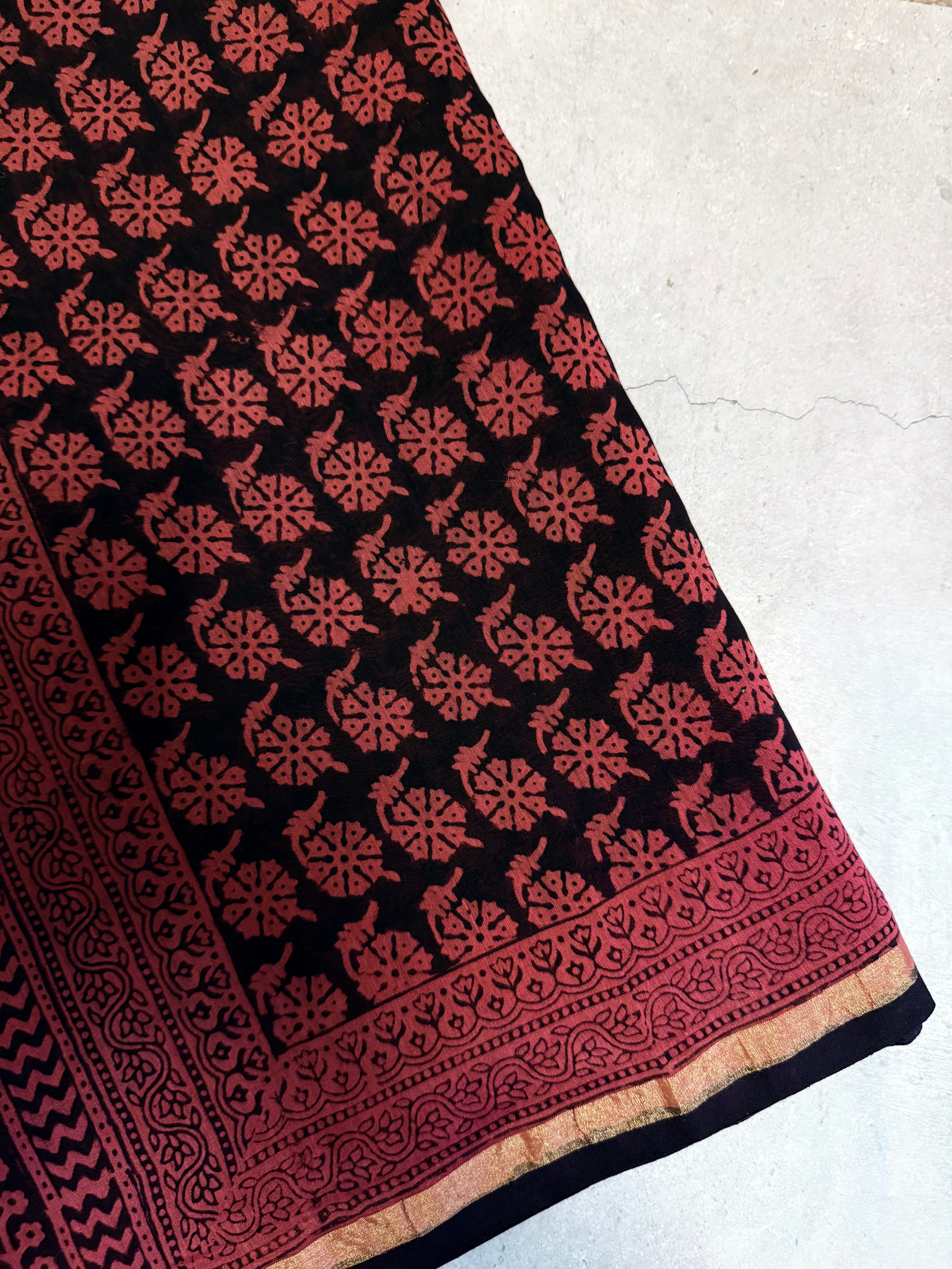 Vaanaja | Brick Red and Black Bhag Printed Chanderi Saree