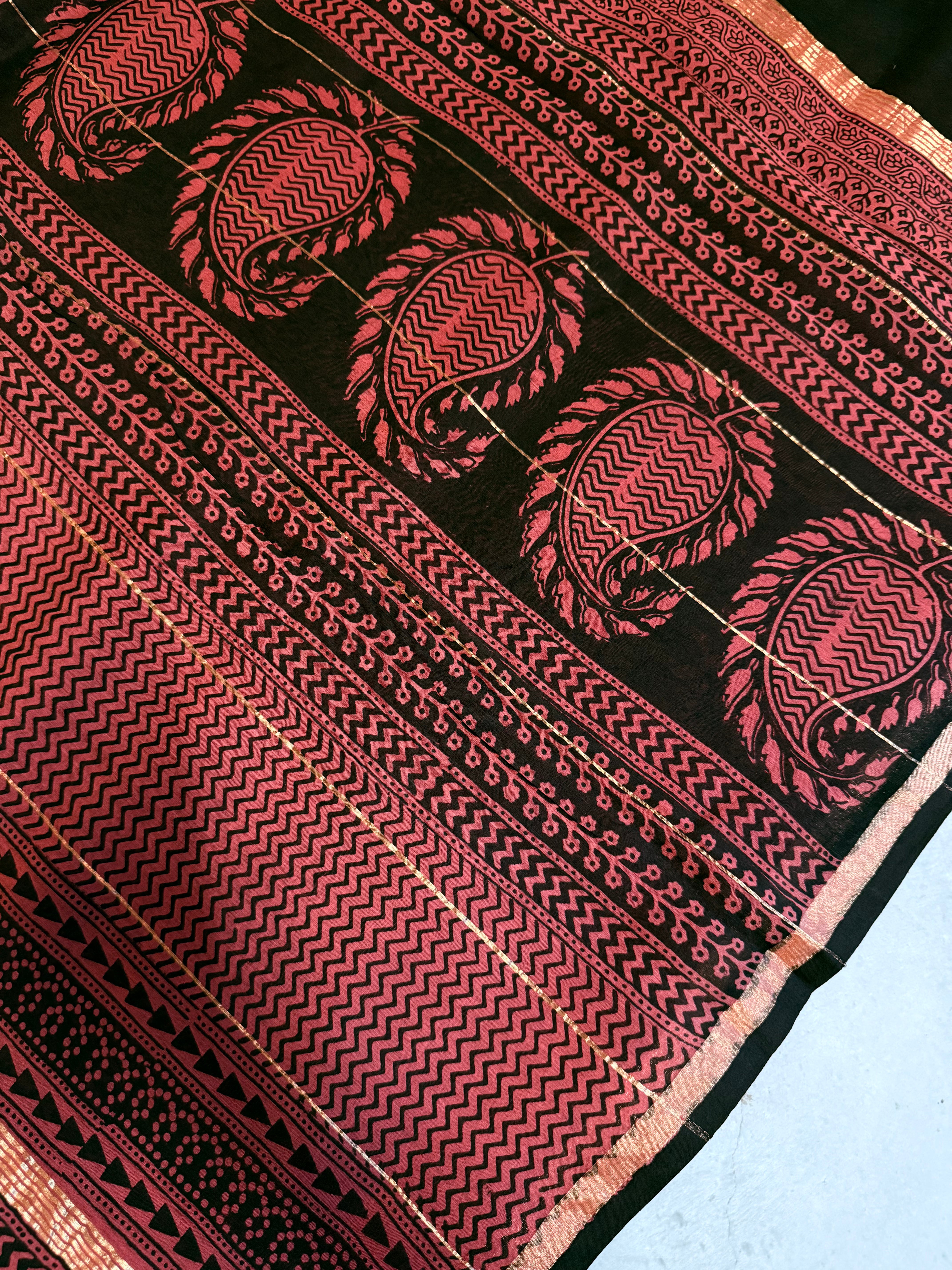 Vaanaja | Brick Red and Black Bhag Printed Chanderi Saree