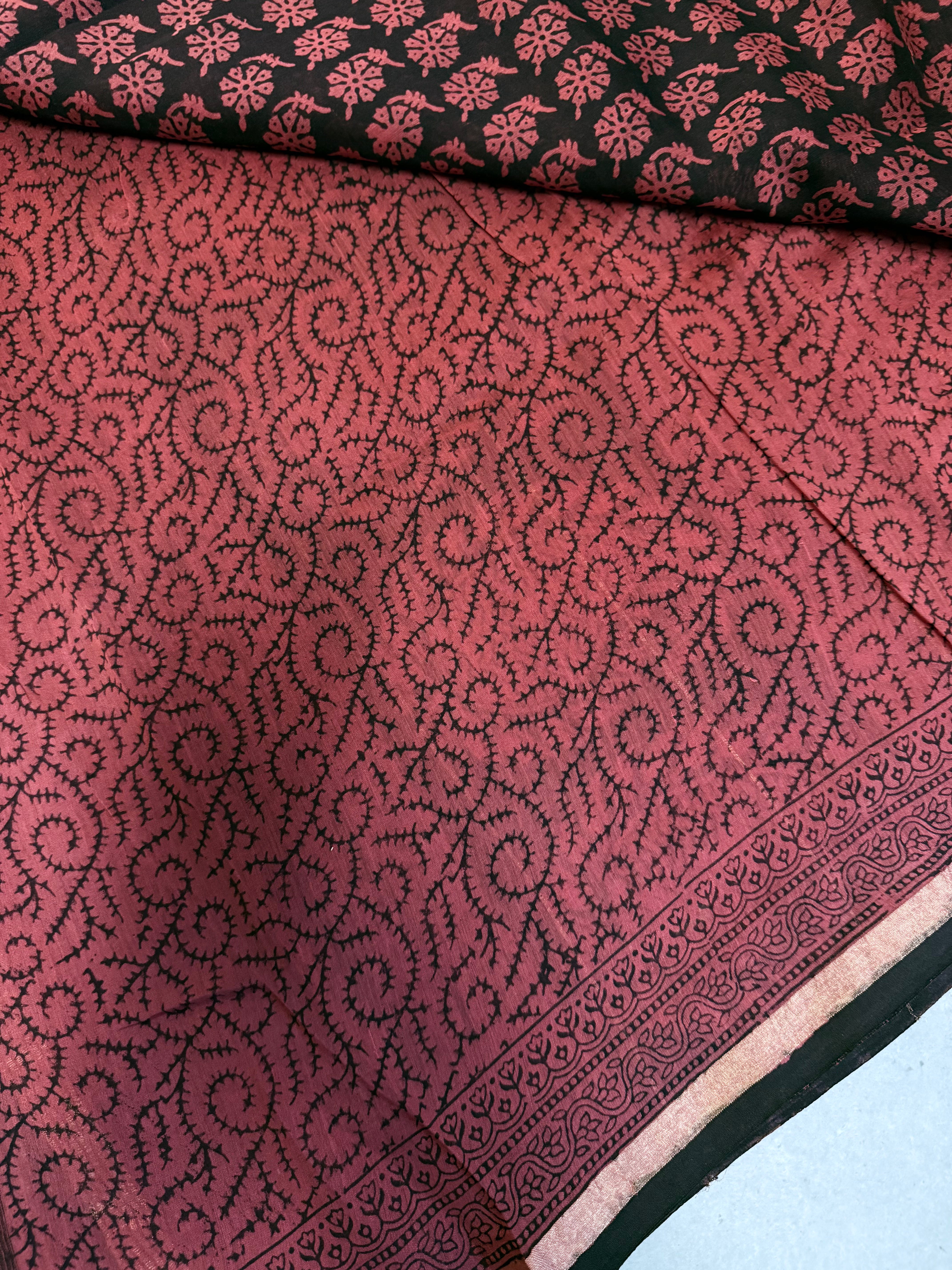 Vaanaja | Brick Red and Black Bhag Printed Chanderi Saree