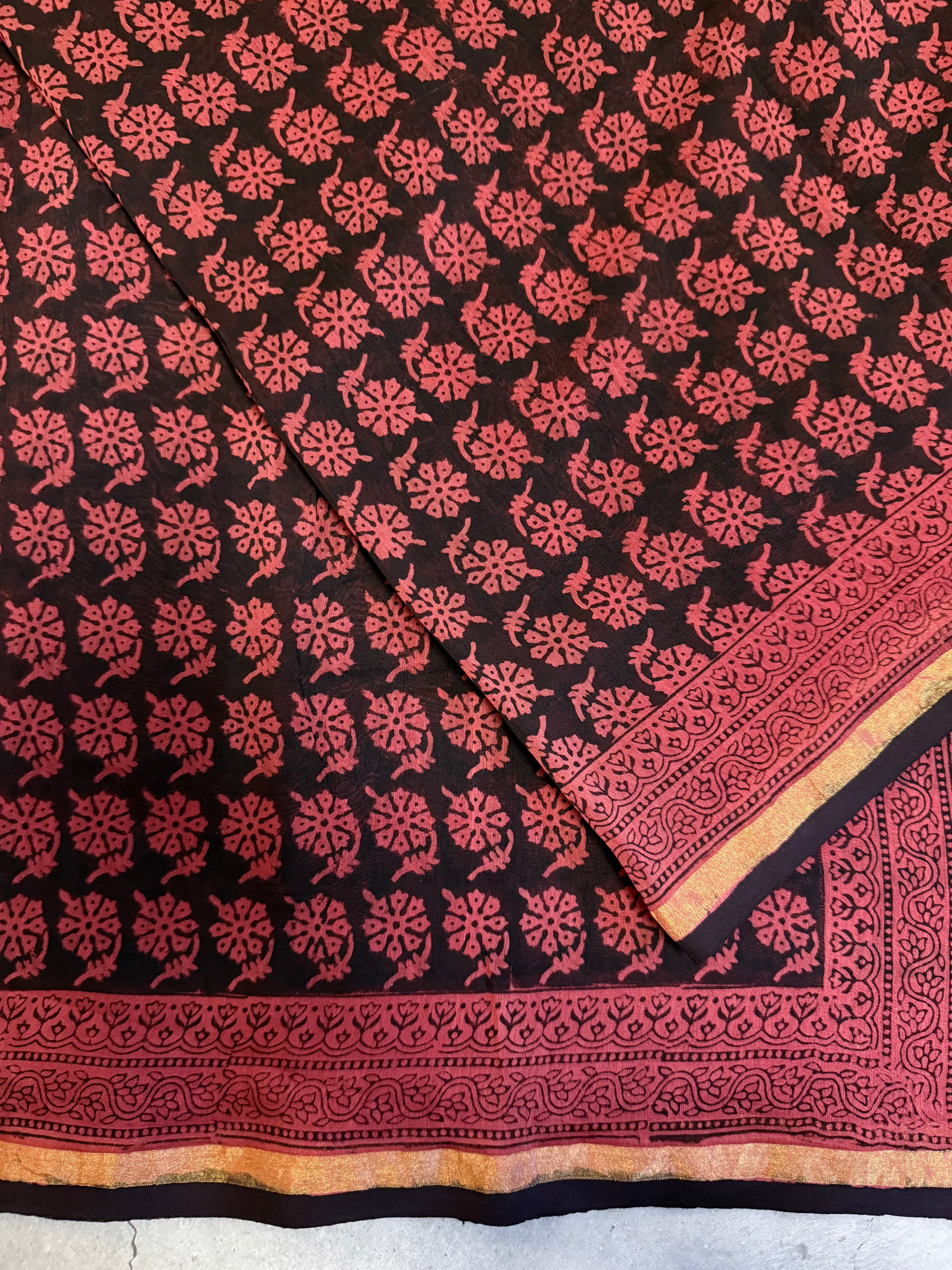 Vaanaja | Brick Red and Black Bhag Printed Chanderi Saree