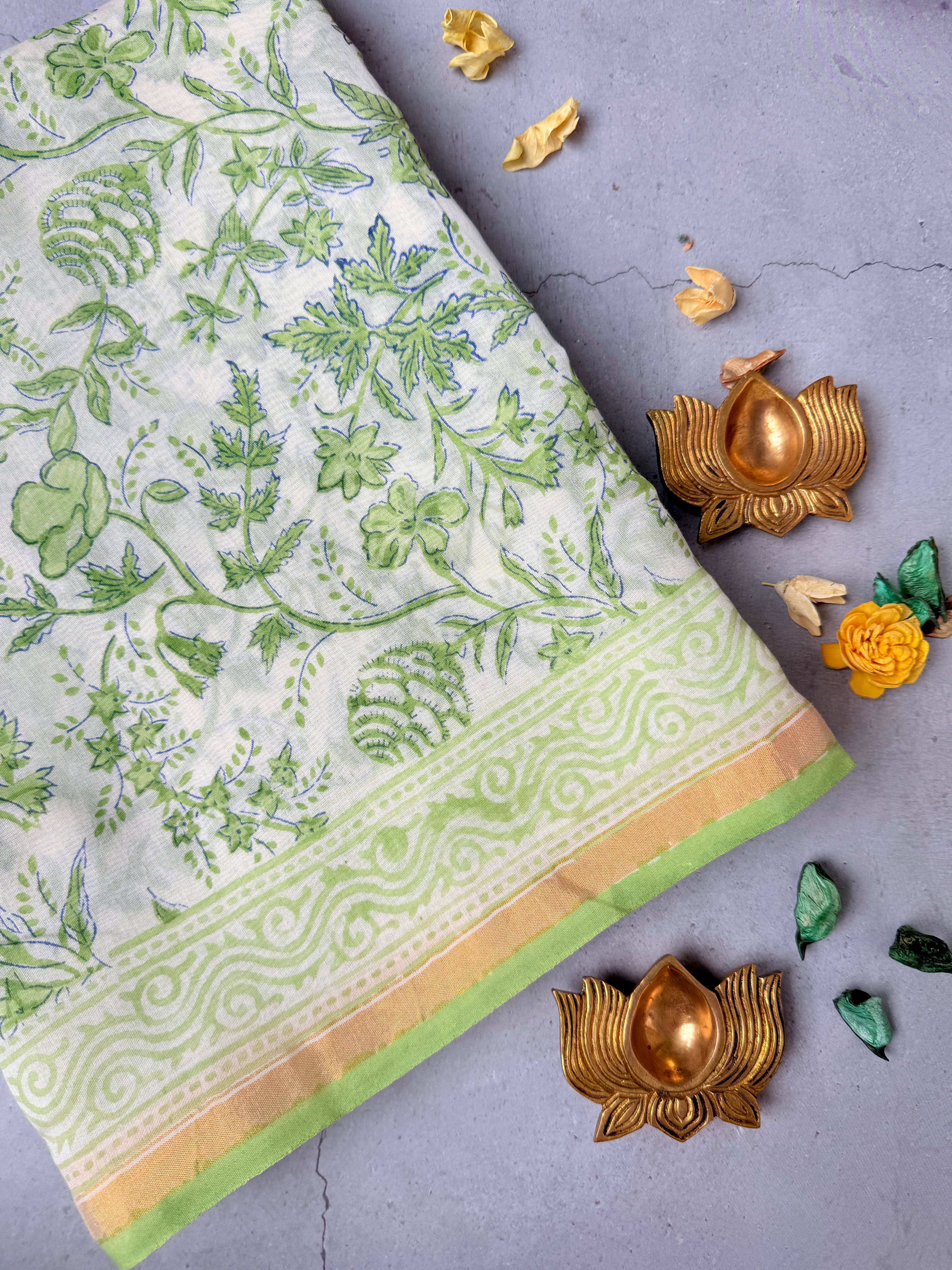 Mallige | Green and White Block Printed Chanderi Saree