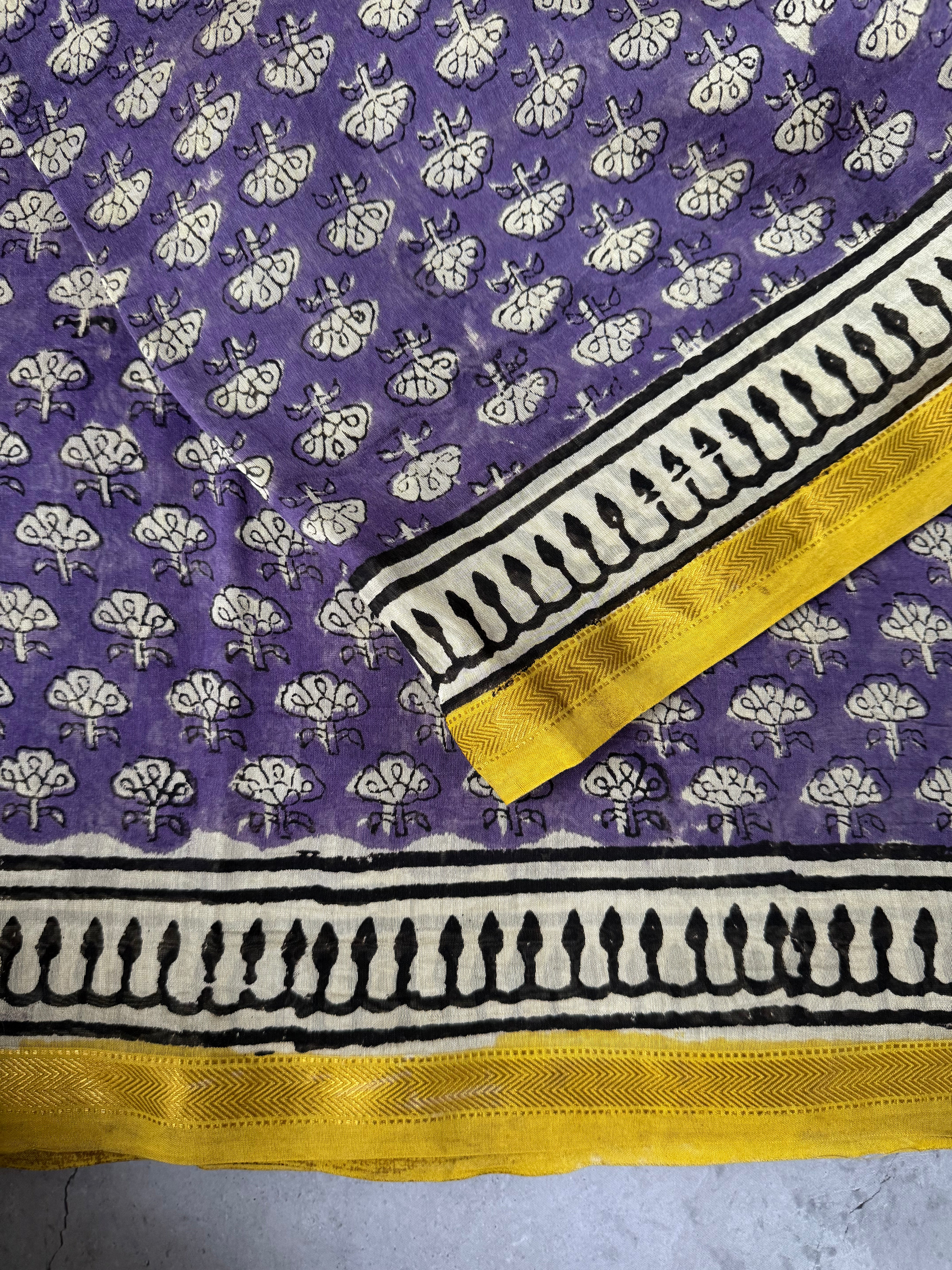 Souparnika | Purple Floral Block Printed Chanderi Saree