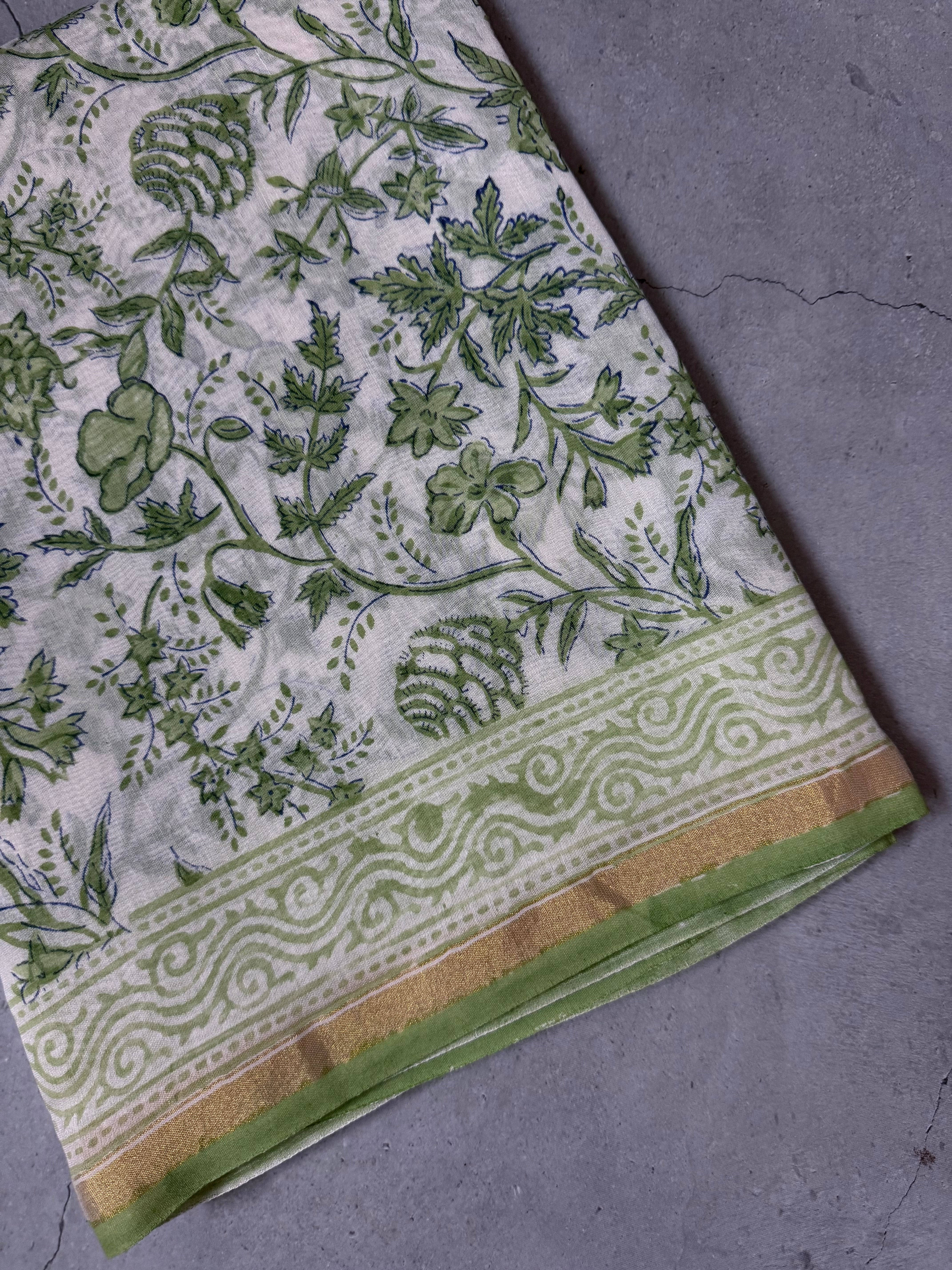 Mallige | Green and White Block Printed Chanderi Saree