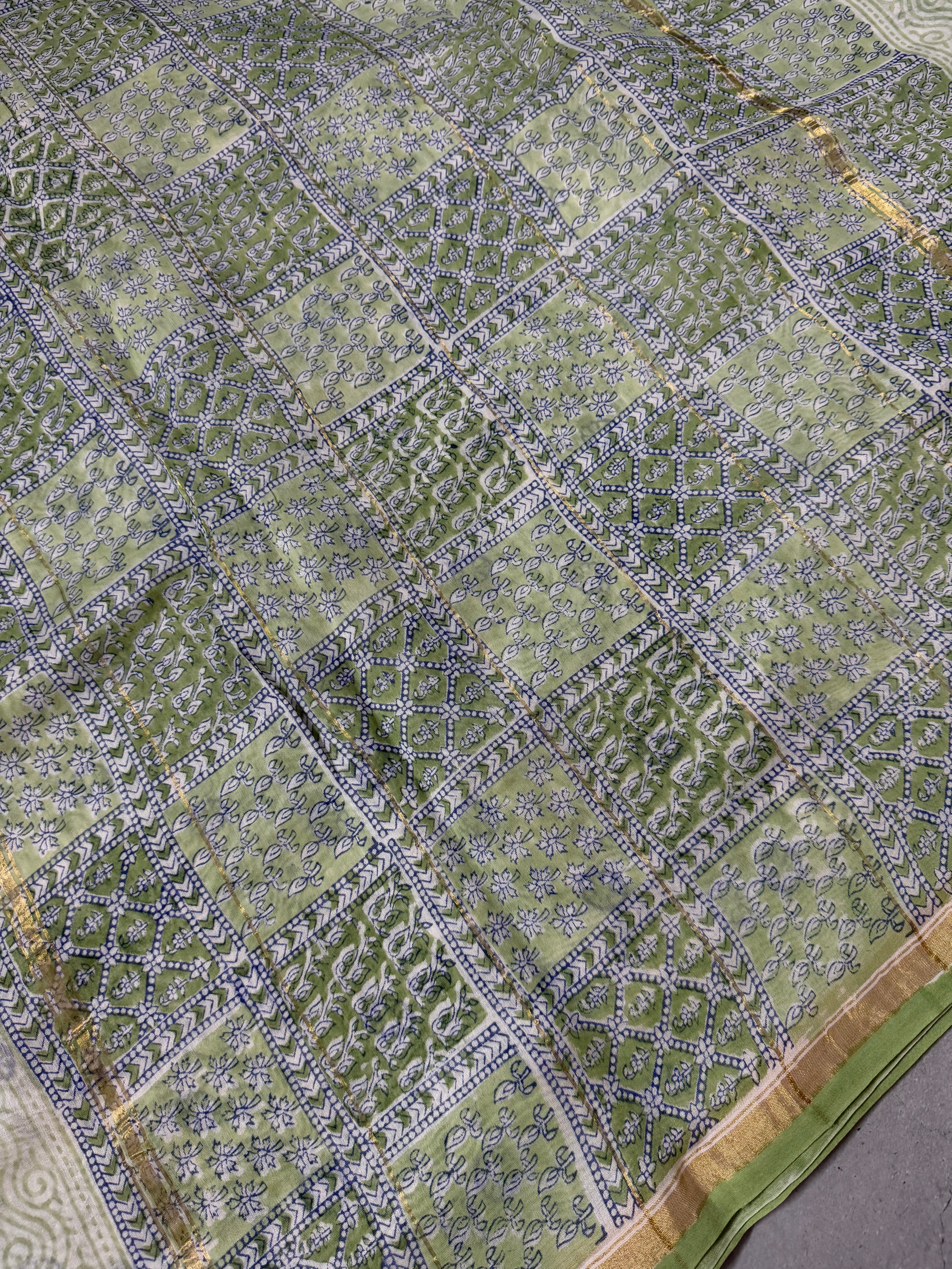 Mallige | Green and White Block Printed Chanderi Saree