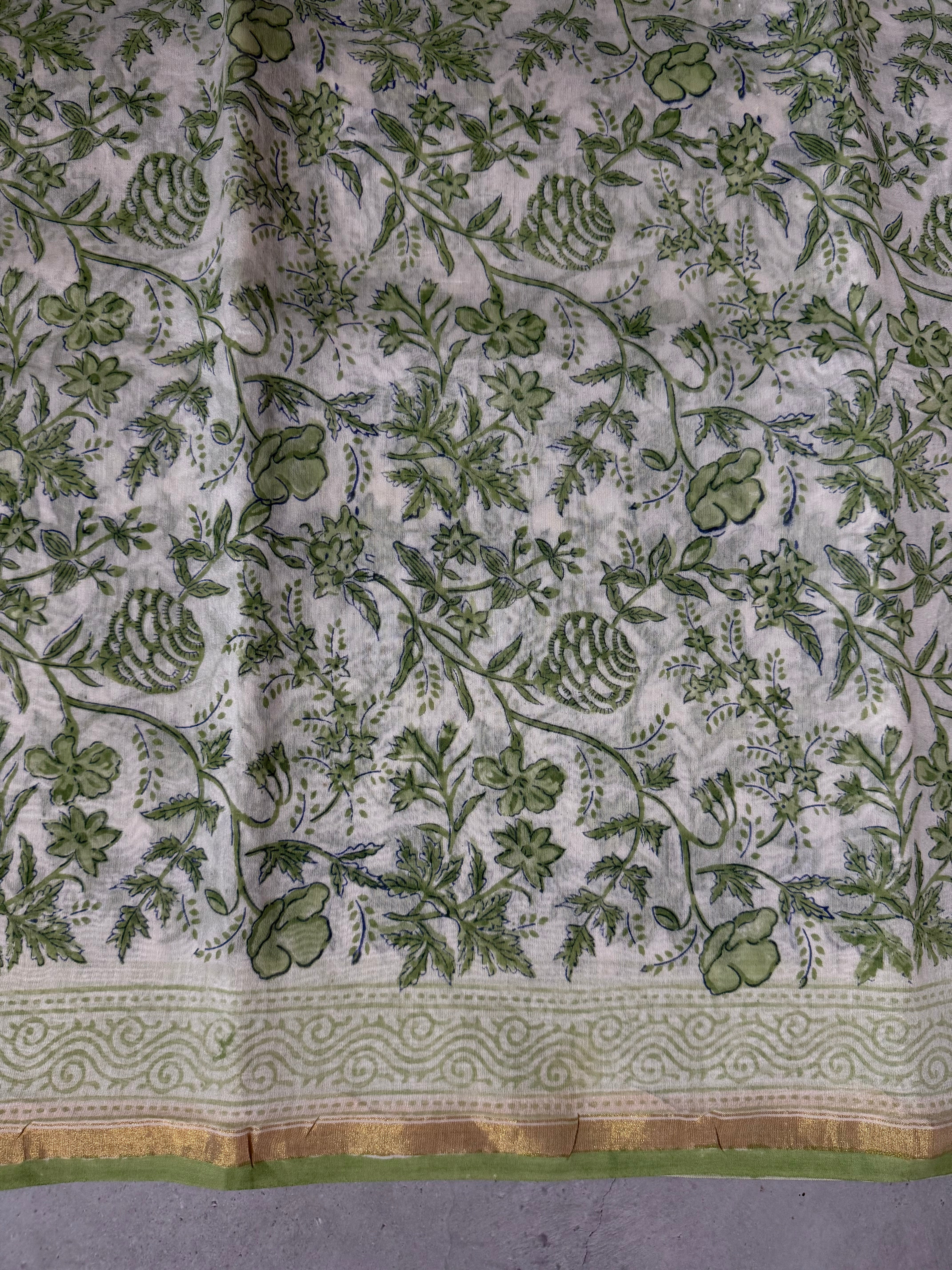 Mallige | Green and White Block Printed Chanderi Saree