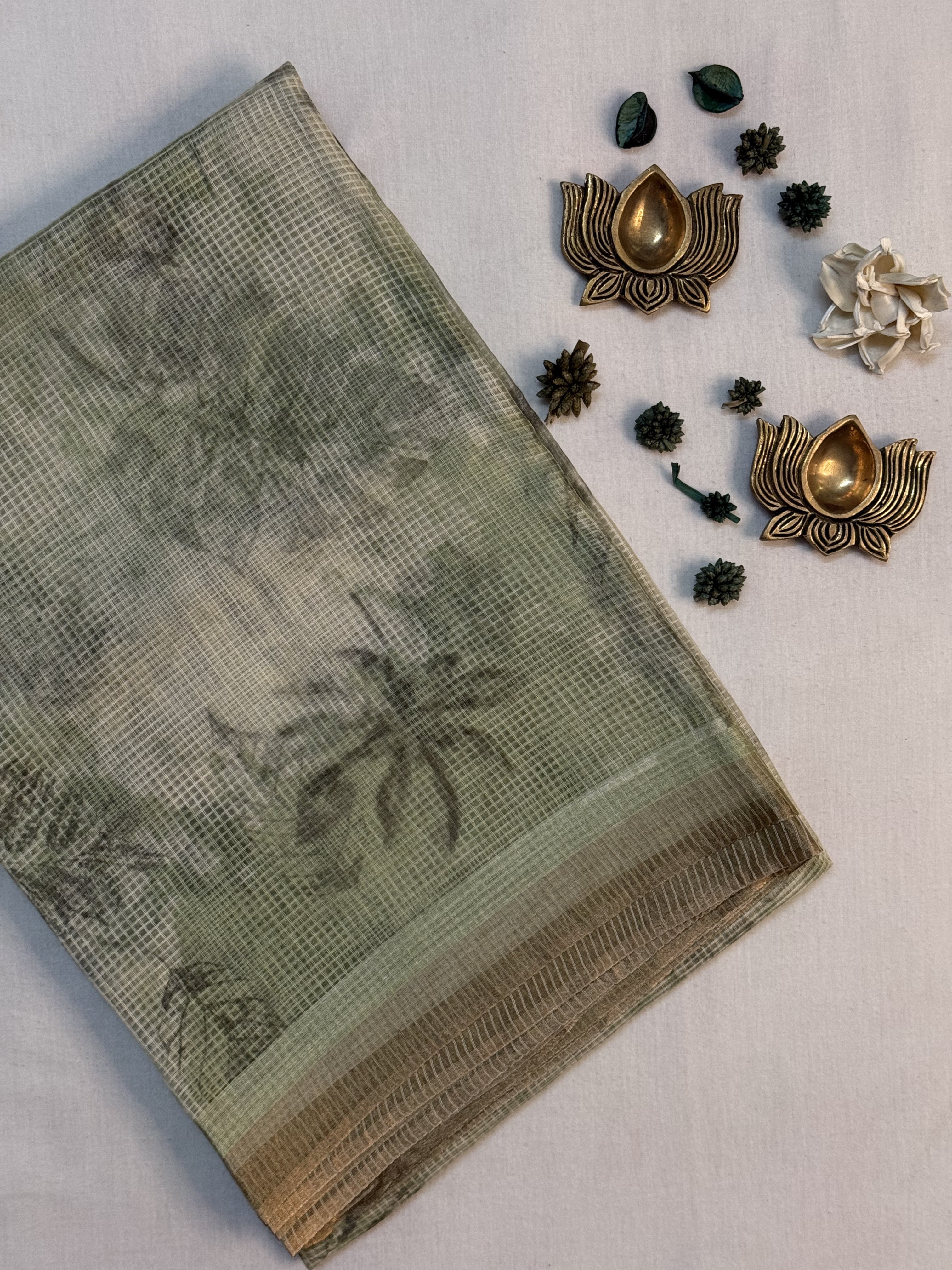 Bramara | Green and Gold Floral Printed Kota Tussar Silk Saree