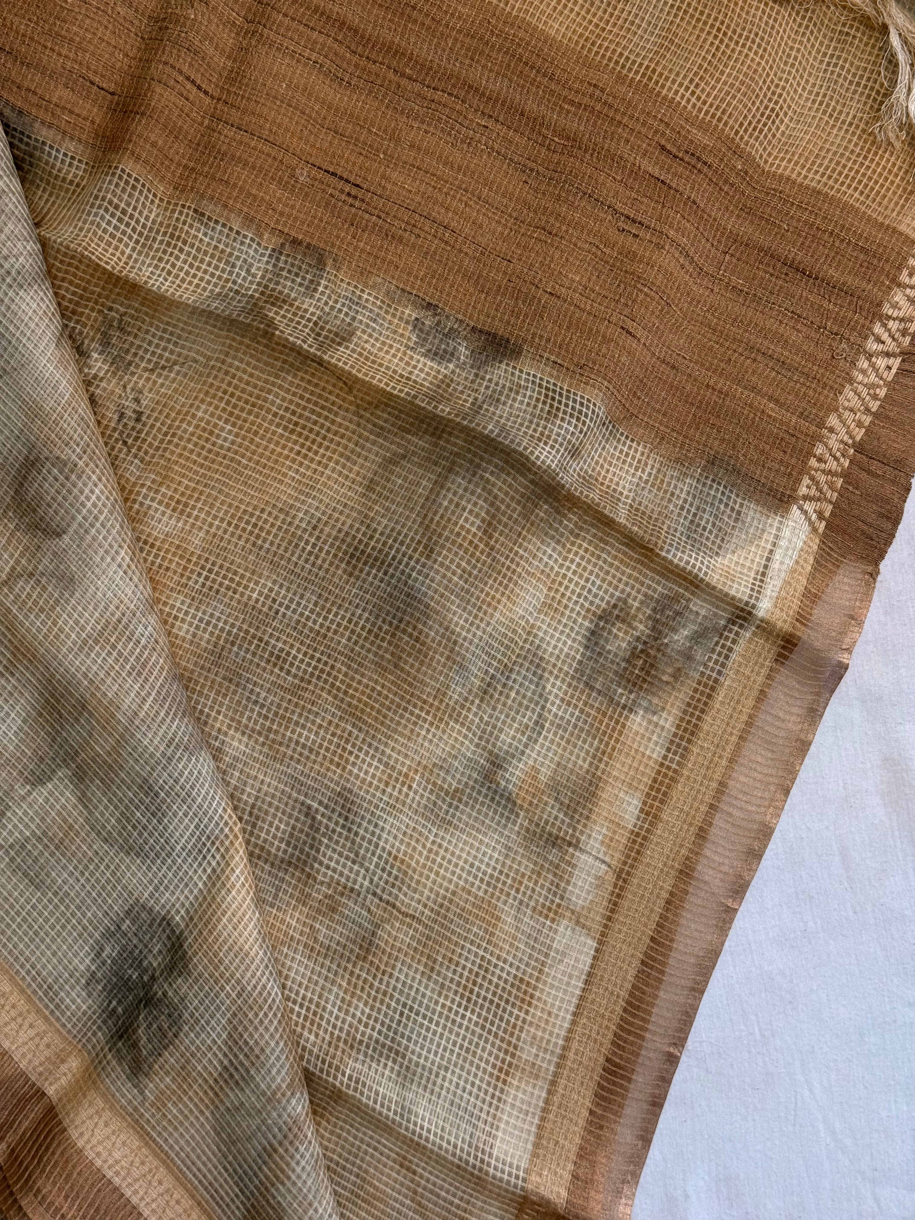 Swarnima | Gold and Beige Floral Printed Kota Tussar Silk Saree