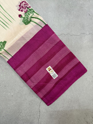 Kamali | Pink and White Floral Hand Painted Silk Saree