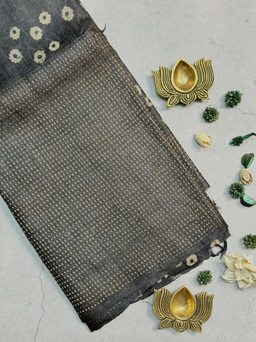 Mohanaa | Elephant Grey Batik Printed Tussar Silk Saree