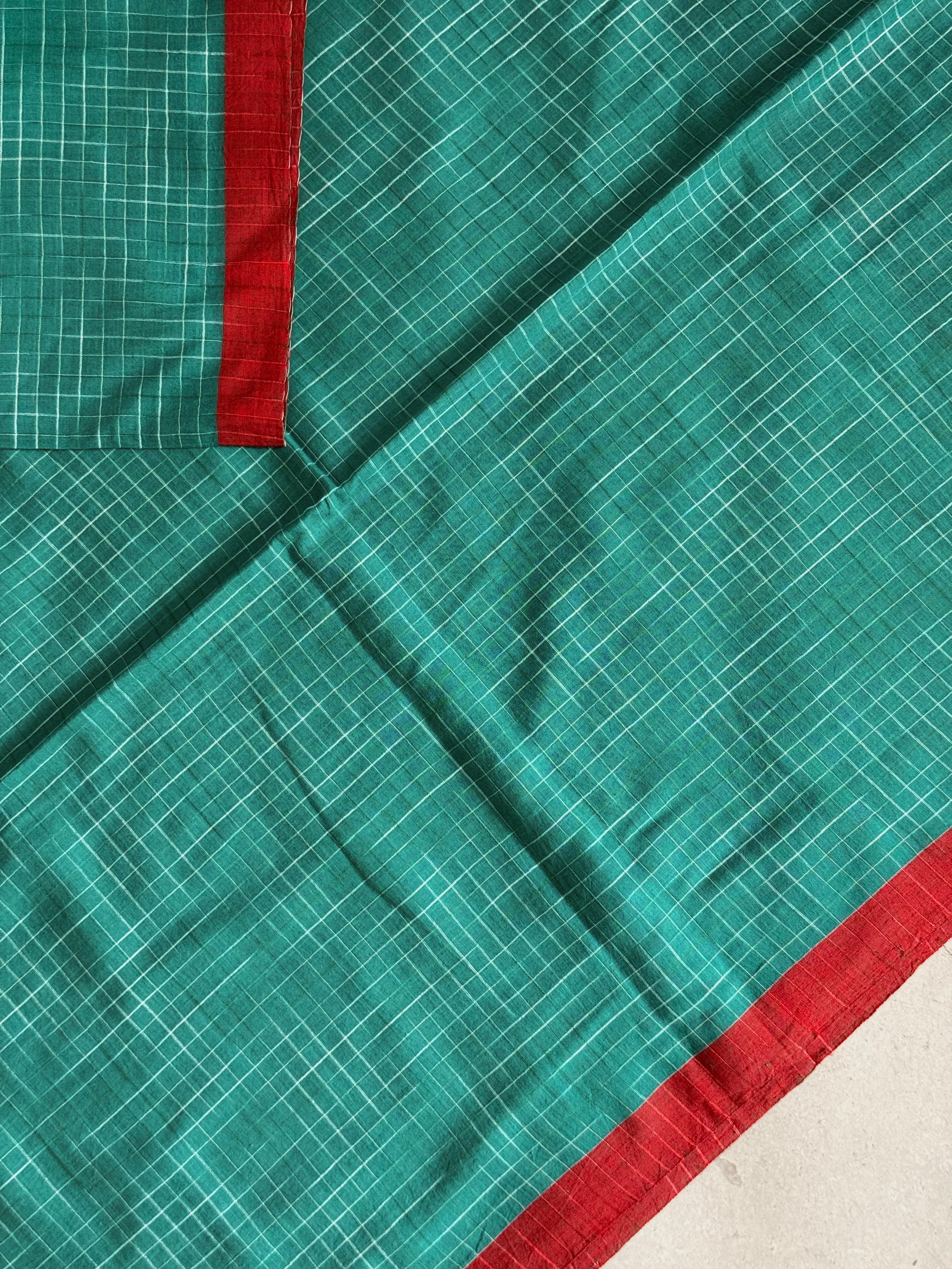 Neeraja | Green and Red Broken Checks Bengal Cotton Saree