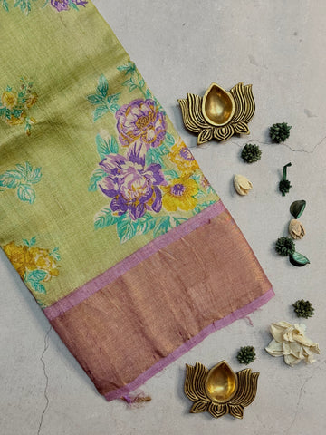 Rohini | Green and Lavender Floral Printed Tussar Silk Saree