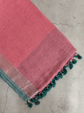Taamara | Pink and Blue Pure Linen Saree