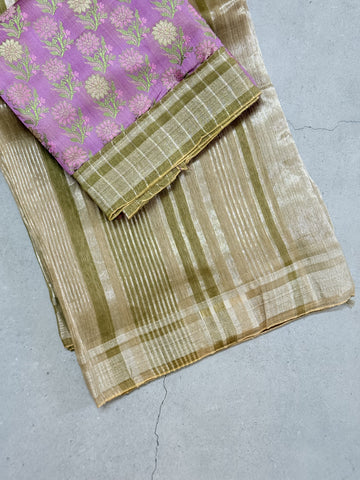 Vaarnika | Green Beige and Silver Pure Linen Silk Saree