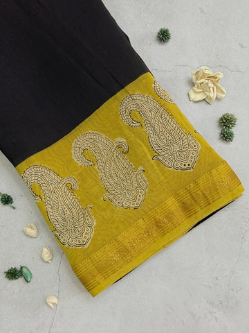 Vanshi | Black and Yellow Block Printed Maheshwari Saree
