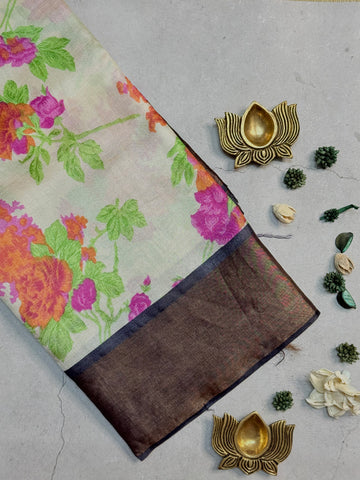 Vasanthika | White Floral Printed Tussar Silk Saree
