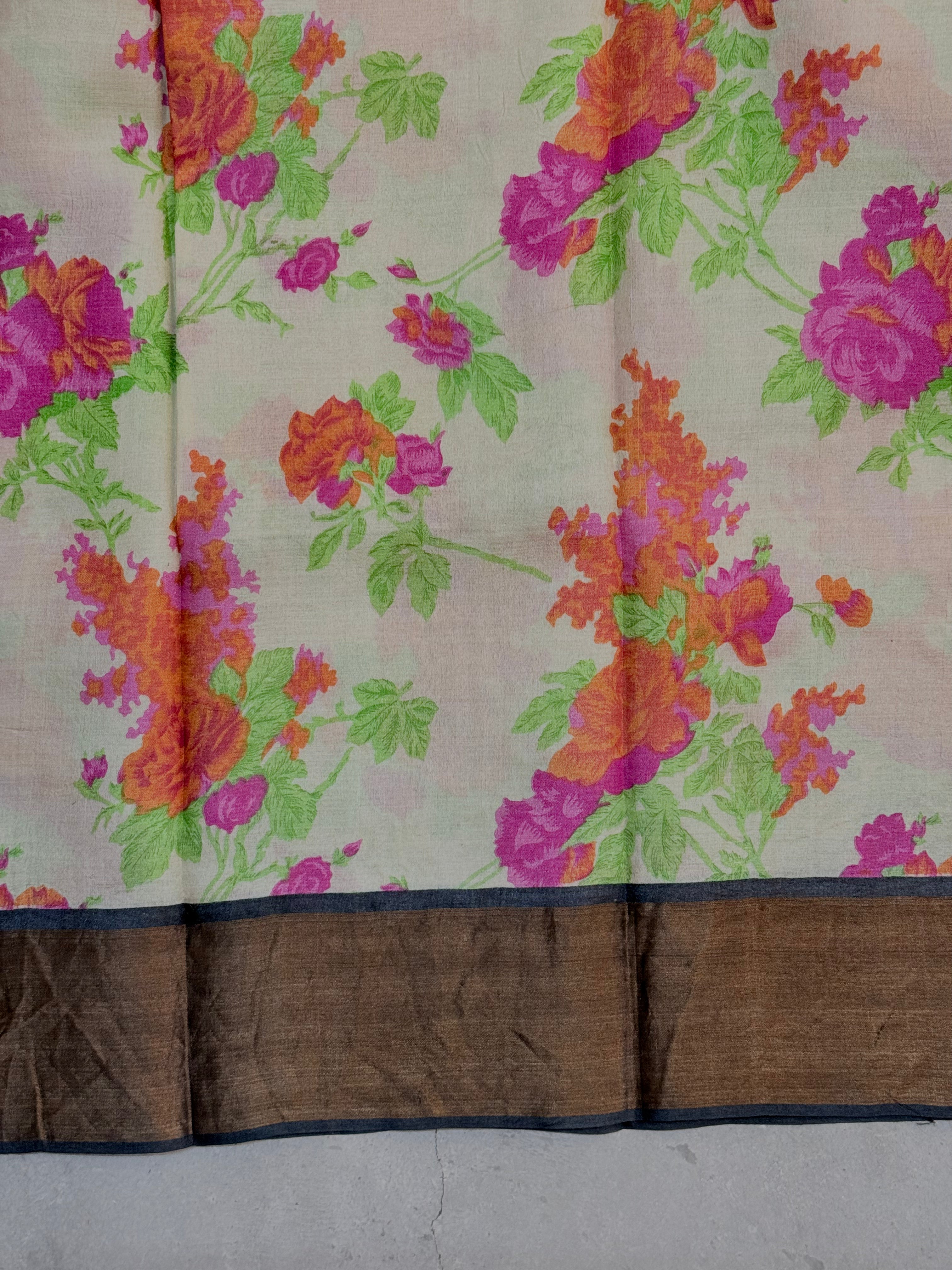 Vasanthika | White Floral Printed Tussar Silk Saree