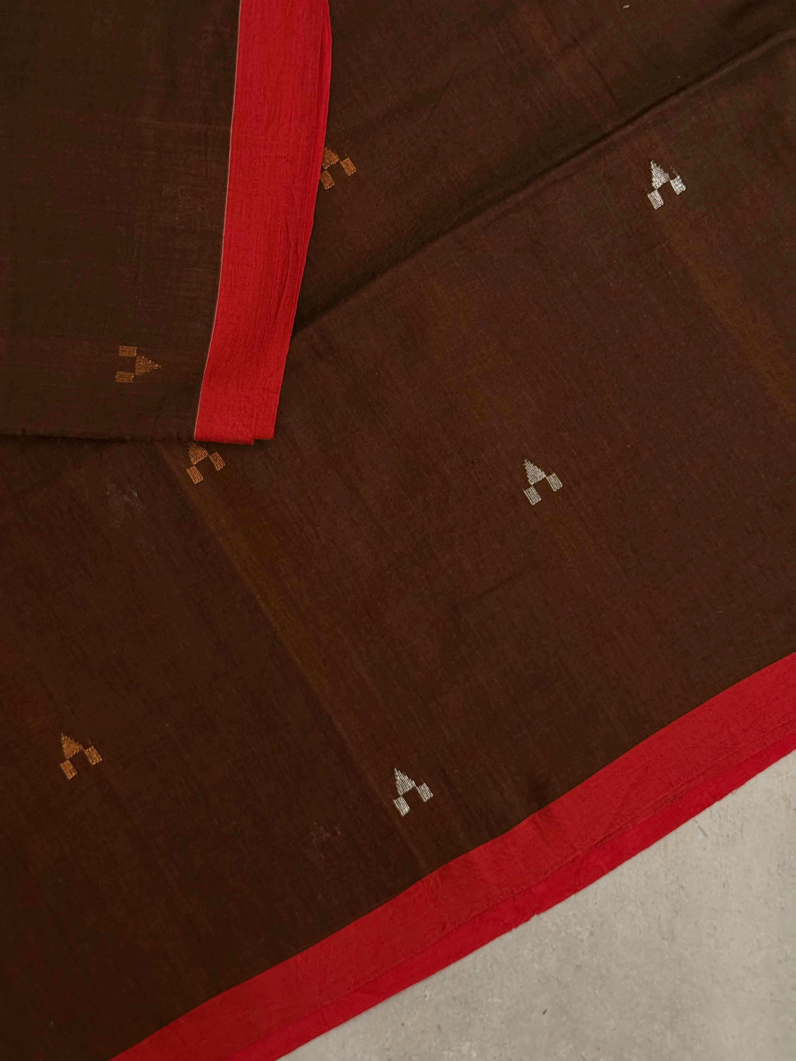 Vibha | Brown and Red Jamdani Bengal Cotton Saree
