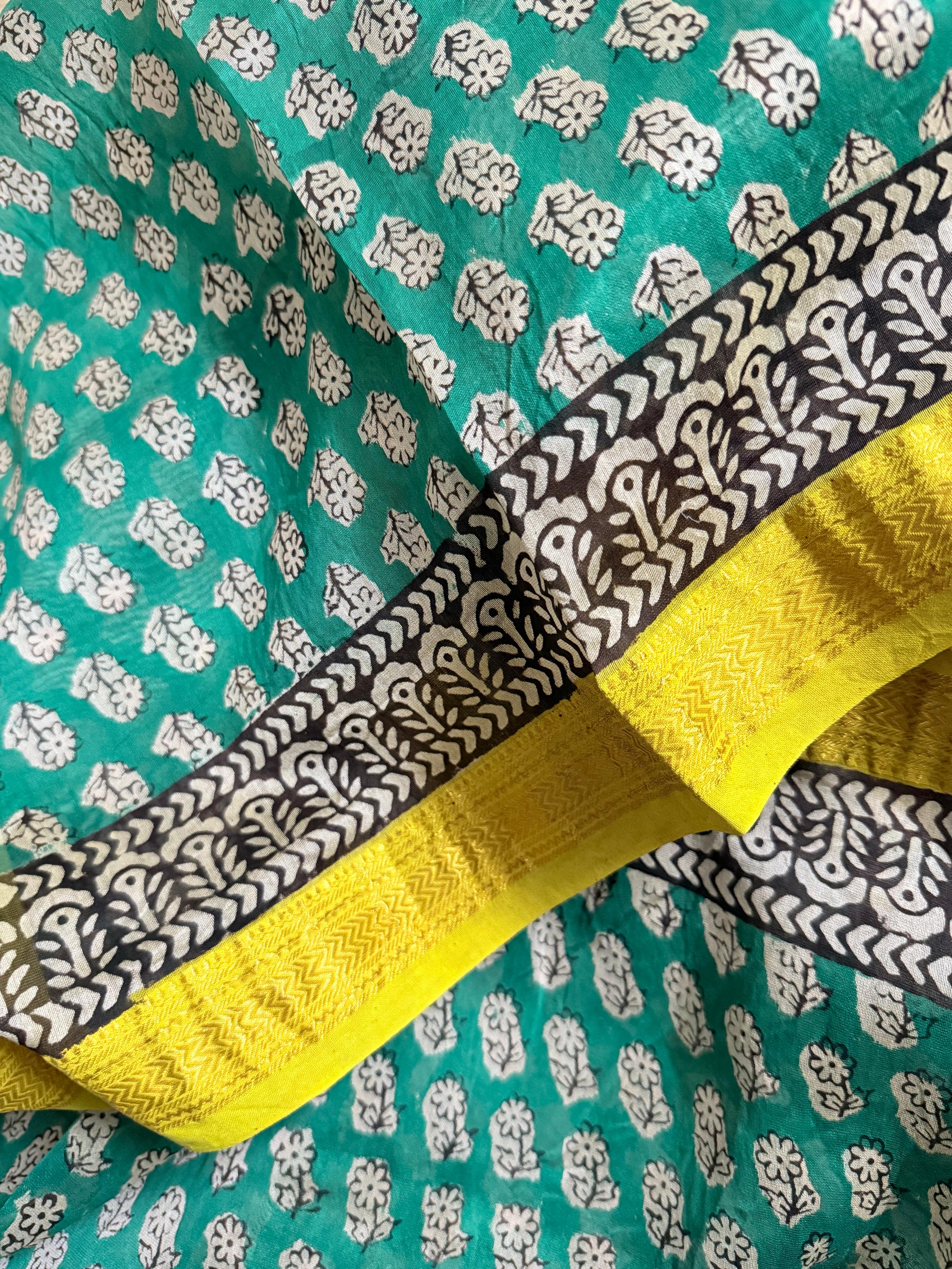 Margazhi | Green and Yellow Block Printed Maheshwari Saree