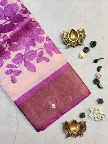 Yashna | Pink Floral Printed Tussar Silk Saree
