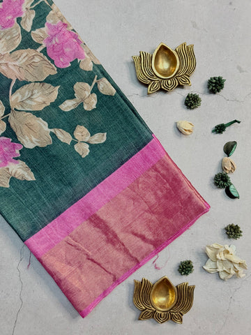 Yuktha | Green and Pink Floral Printed Tussar Silk Saree