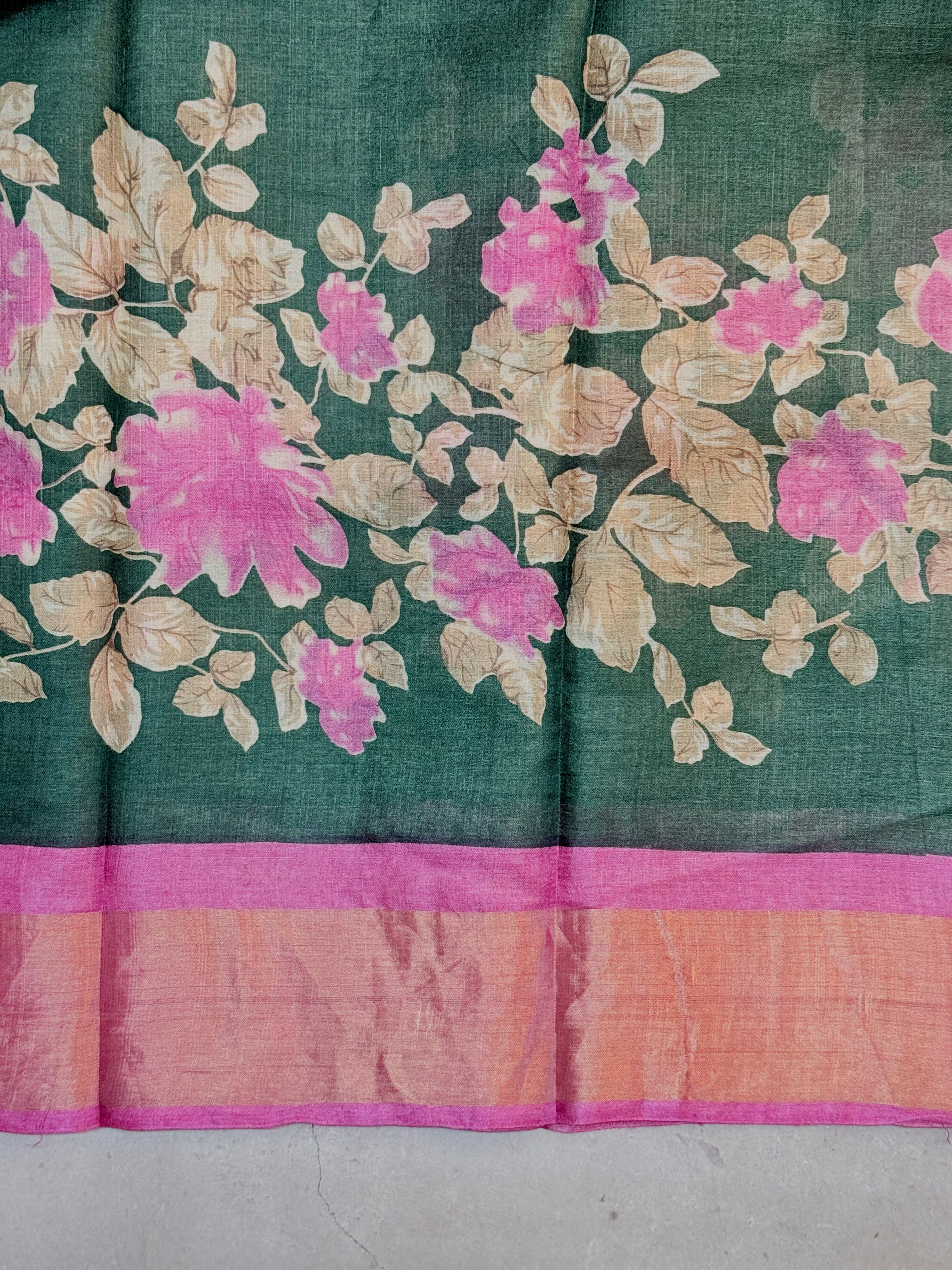 Yuktha | Green and Pink Floral Printed Tussar Silk Saree