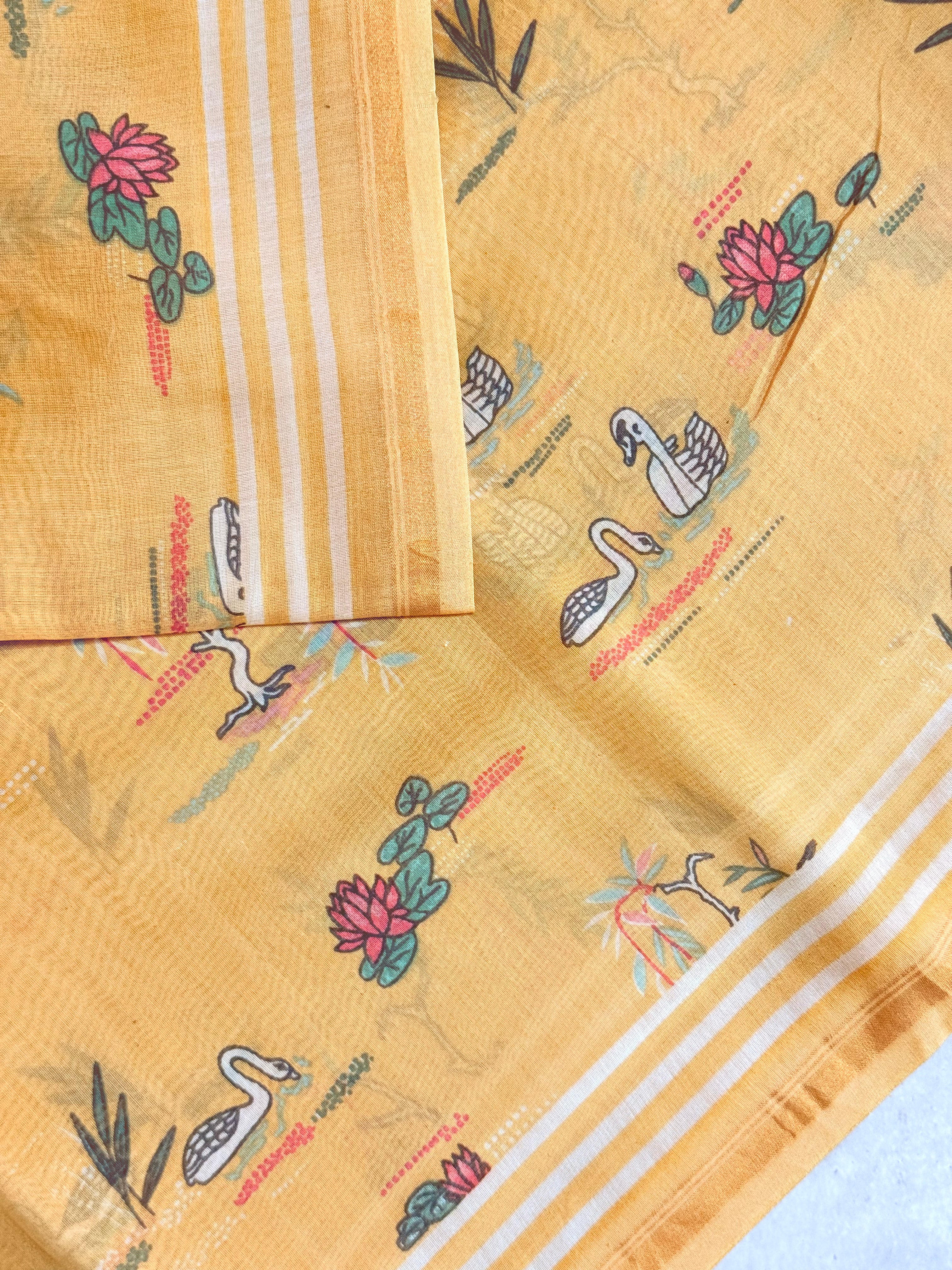 Zara | Yellow Printed Chanderi Saree