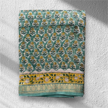 Shubhra | Pastle Green Block Printed Maheshwari Saree